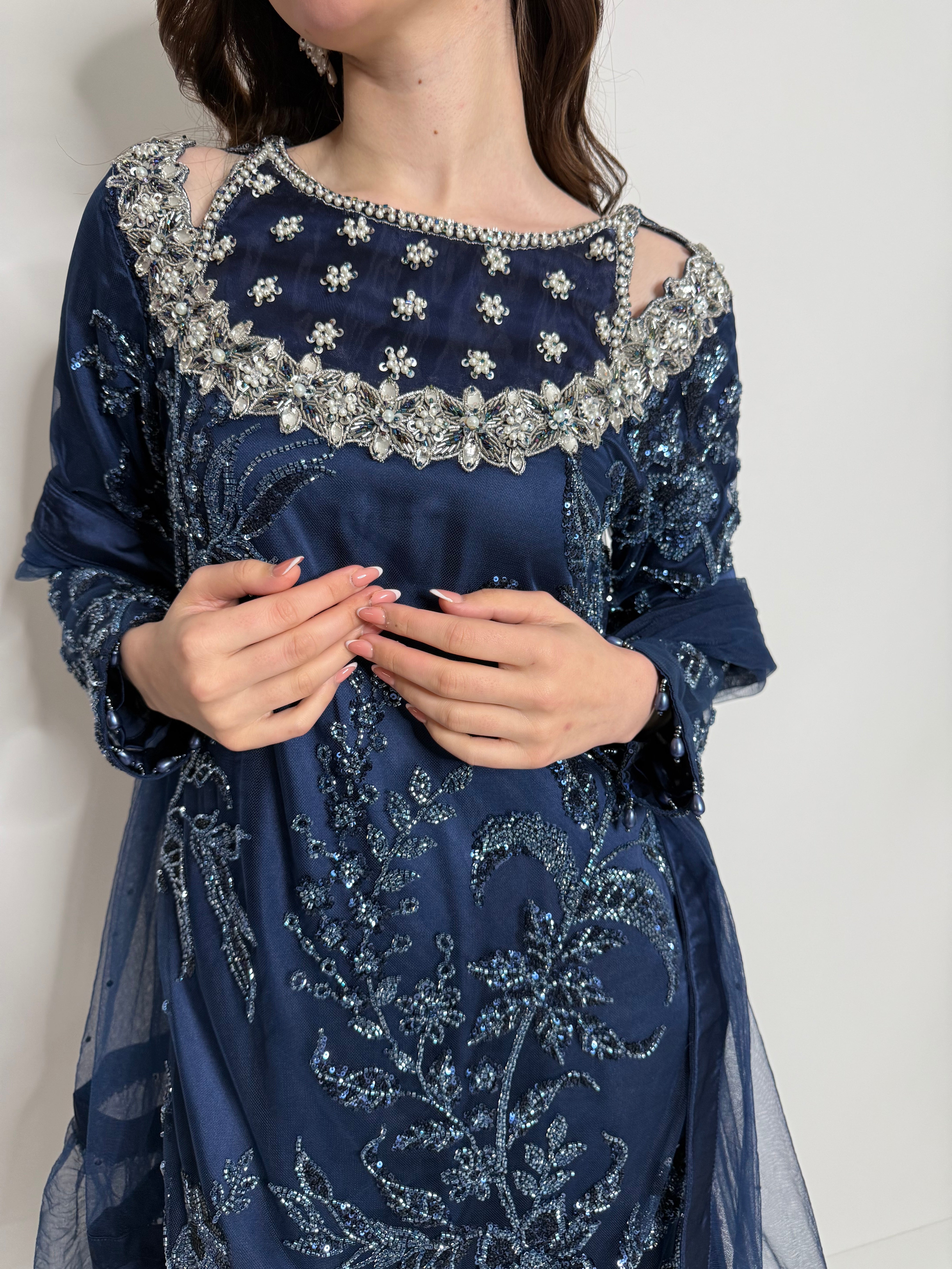 Nooréa Navy Cutdana-Embroidered Silk Three-Piece Pakistani Suit