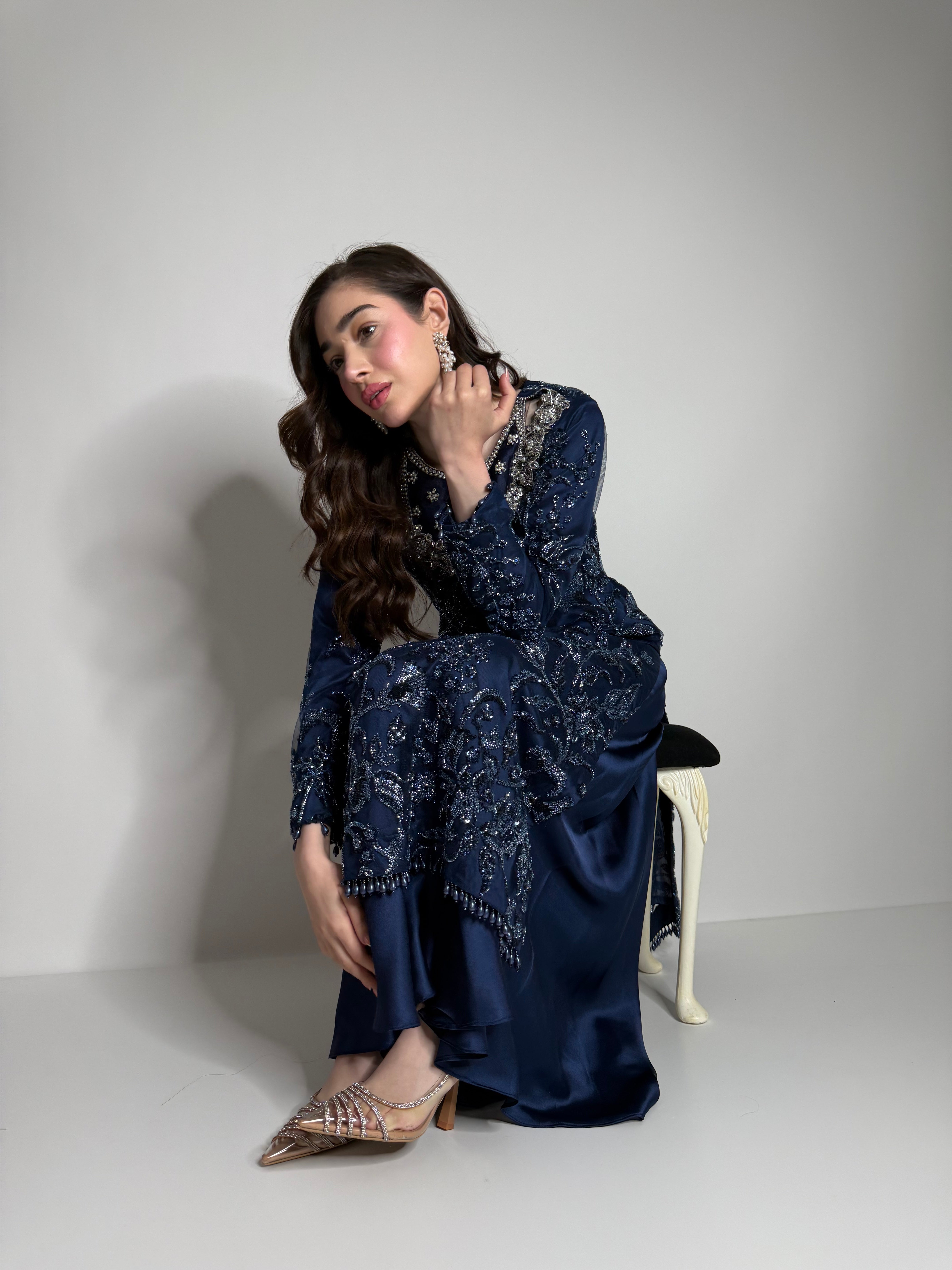 Nooréa Navy Cutdana-Embroidered Silk Three-Piece Pakistani Suit