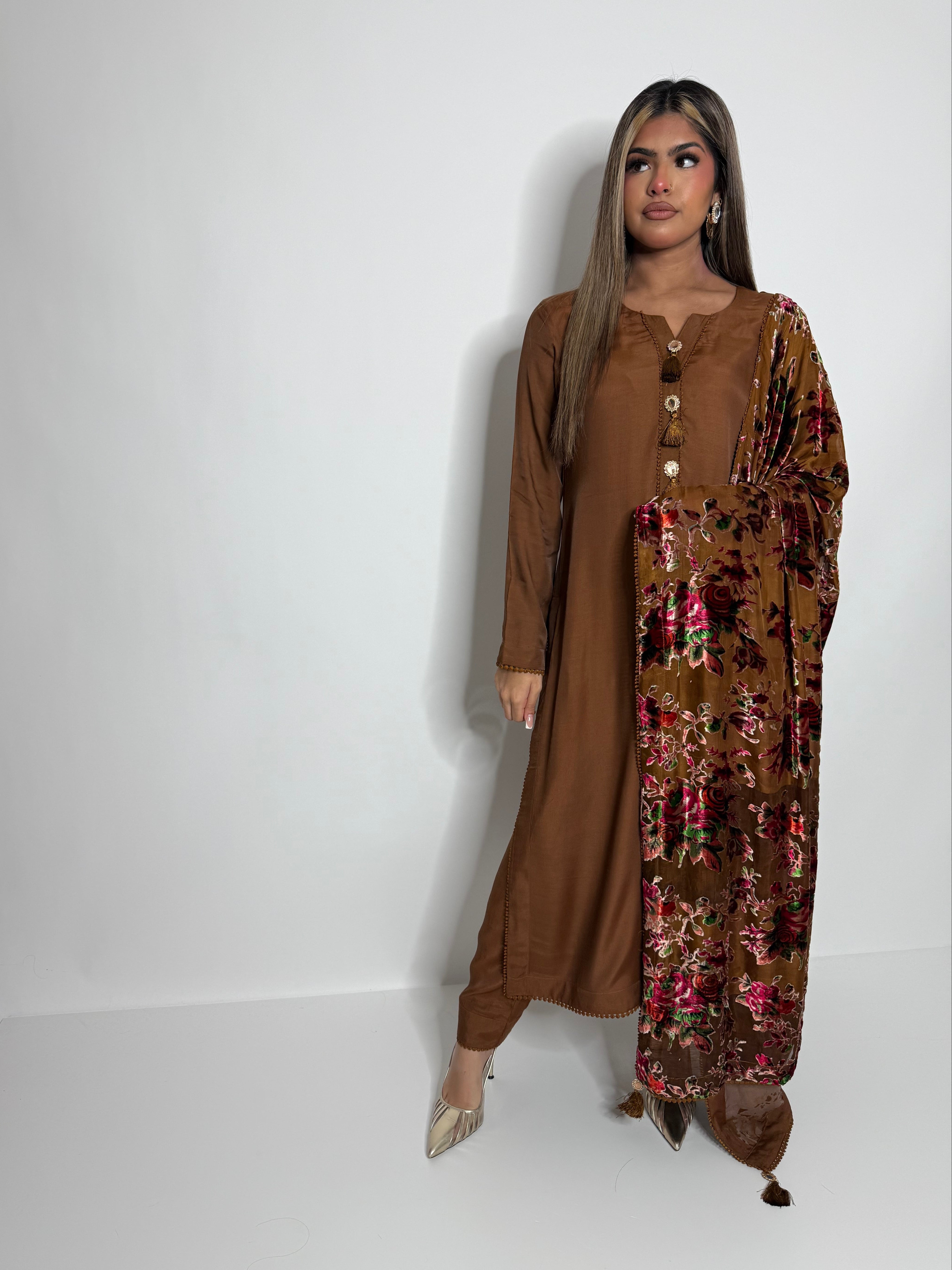 Meher Mustard marina three-piece outfit with palachi shawl