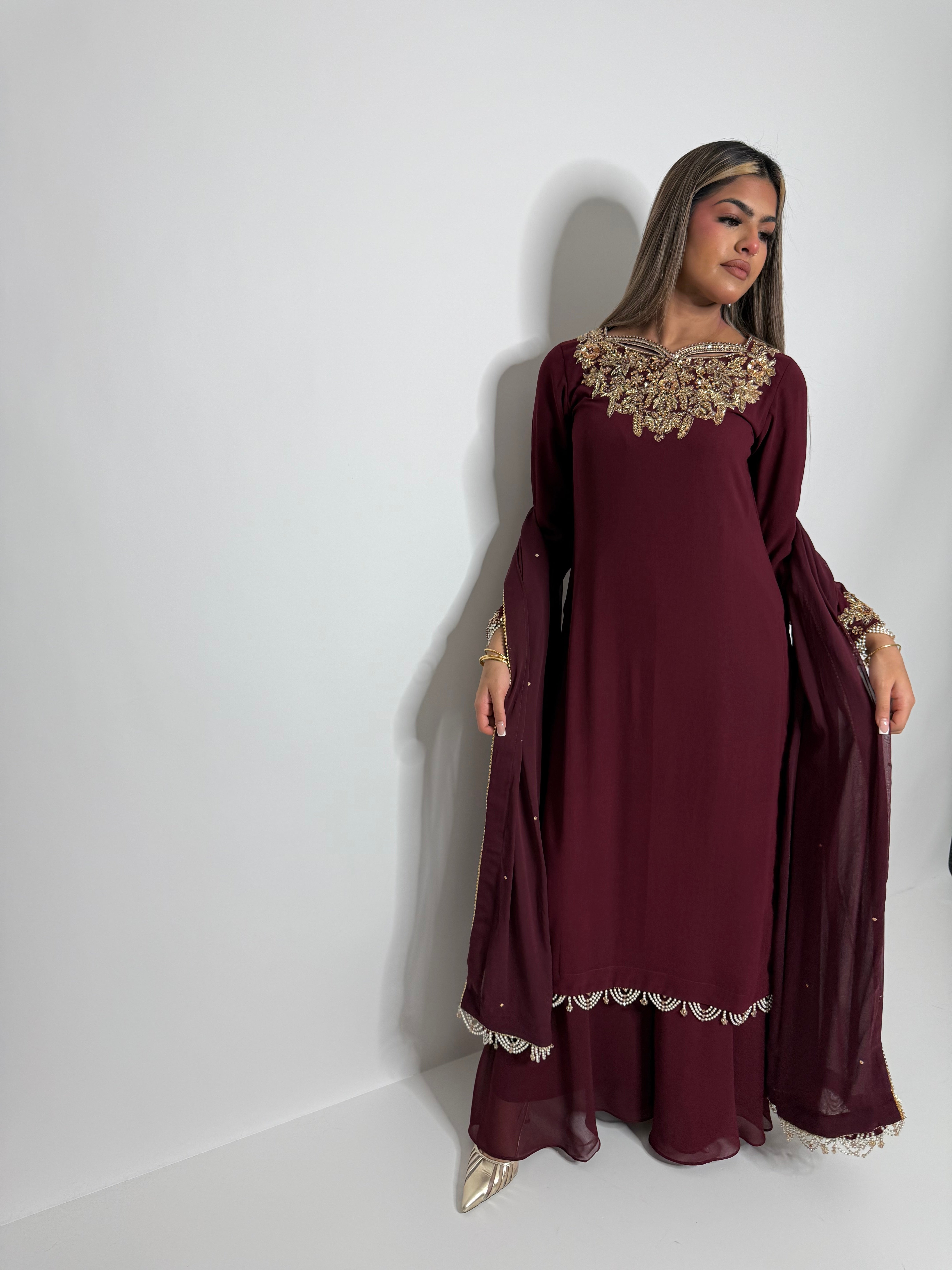 Pakistani maroon outfit with handwork embroidery