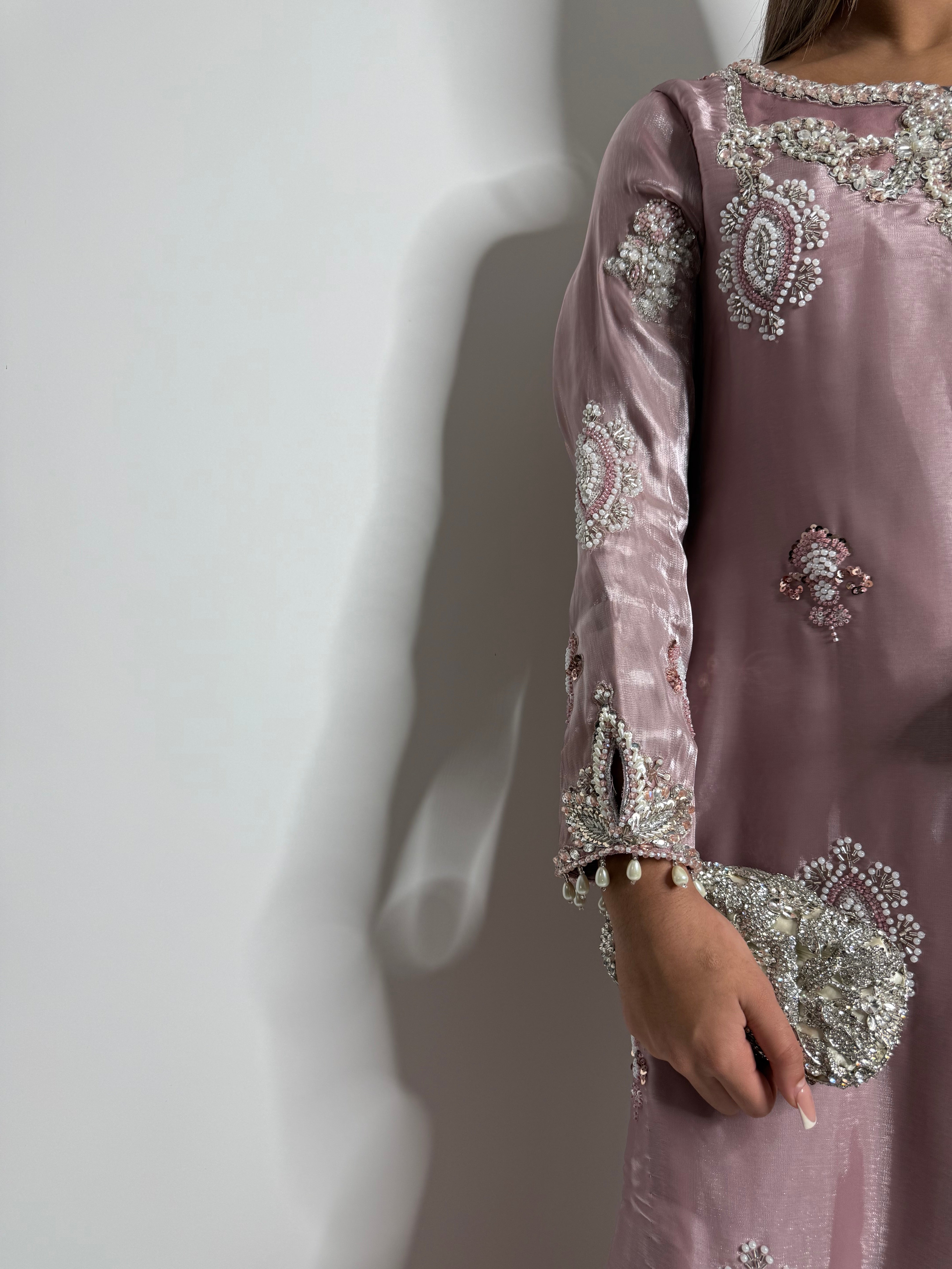 Pakistani Eid outfit in blush pink cutdana silk