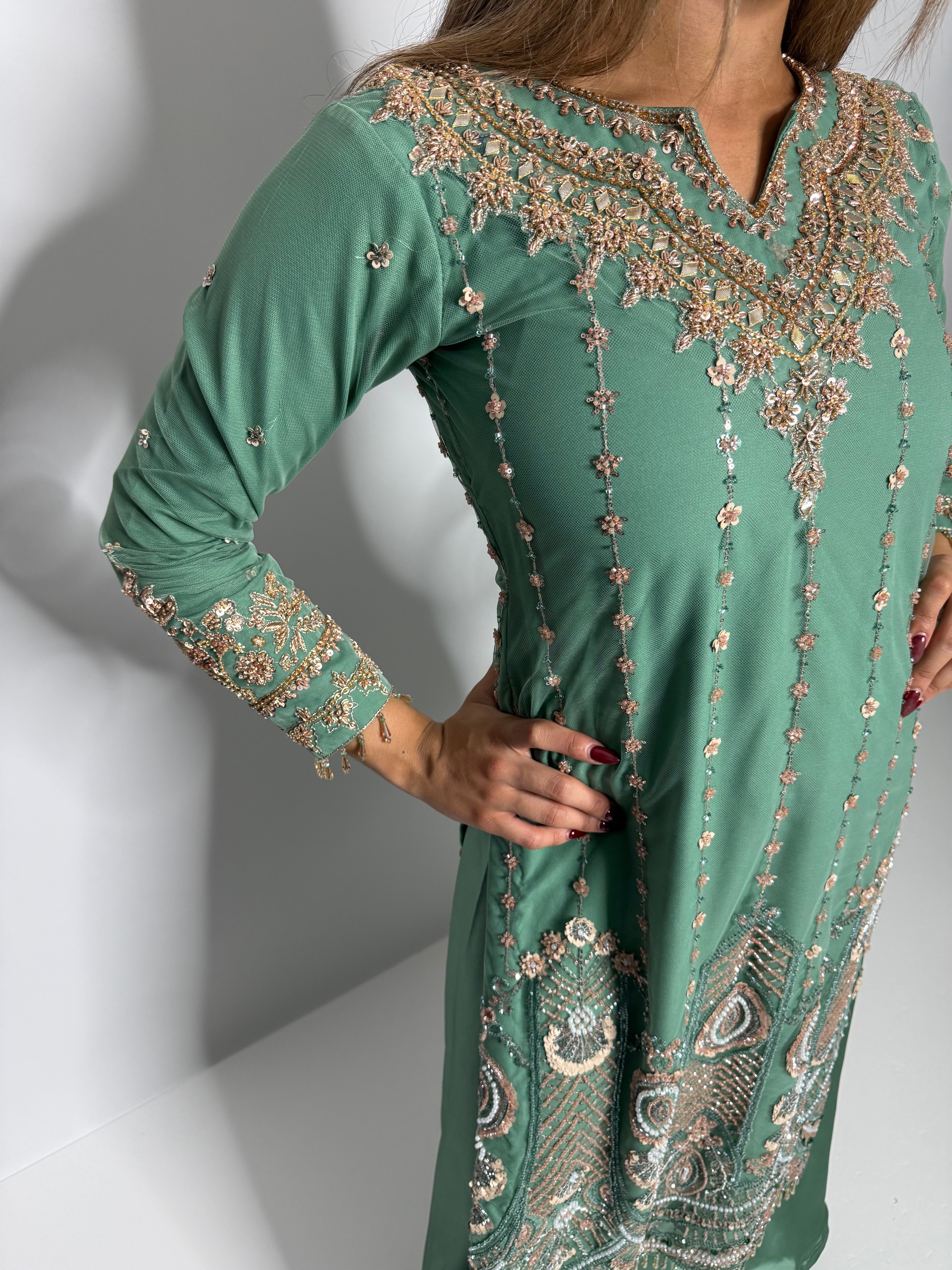 Kensington Sage Cutdana Handworked Pakistani Suit