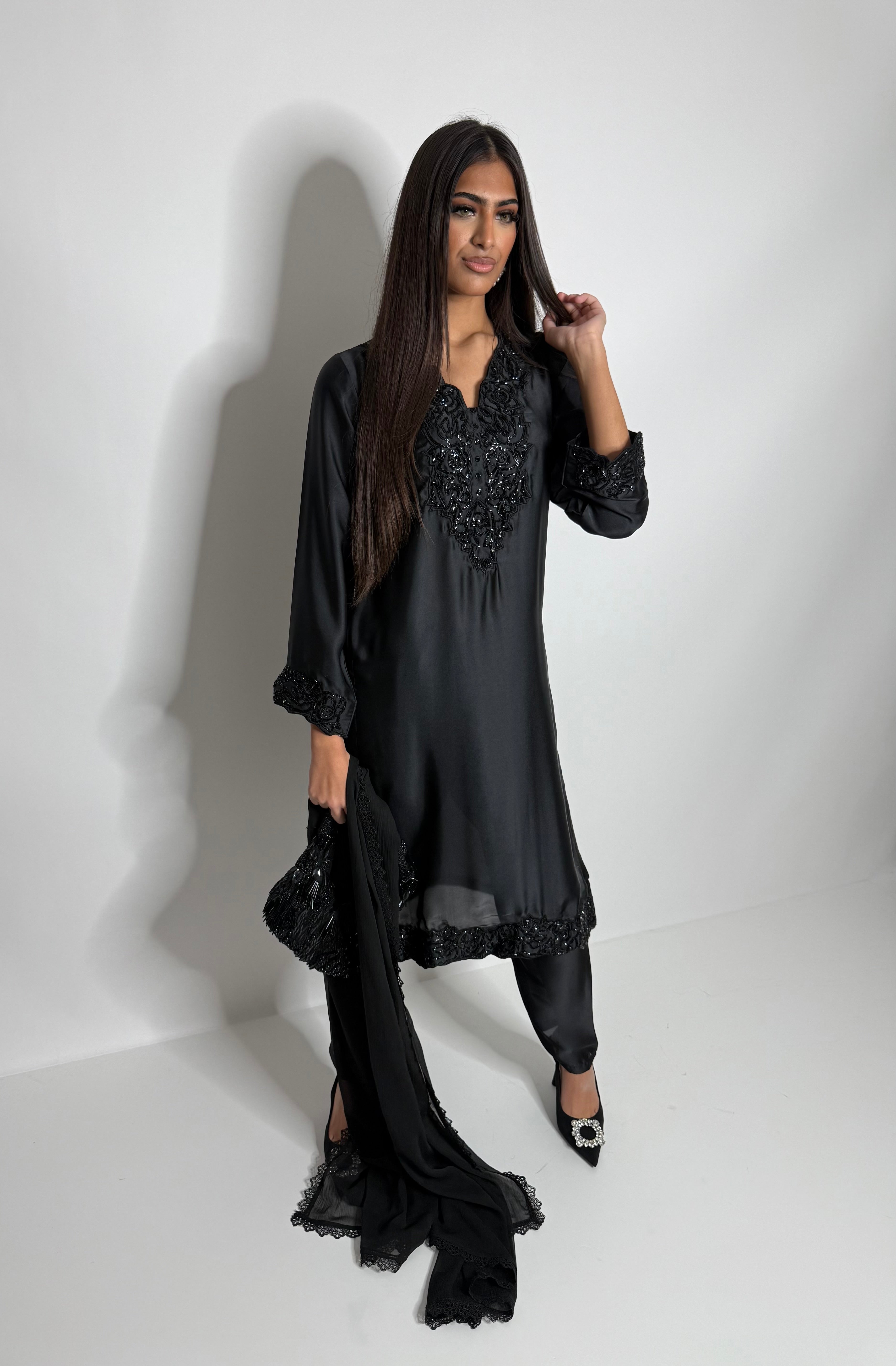 Noirel black silk embroidered set for Eid