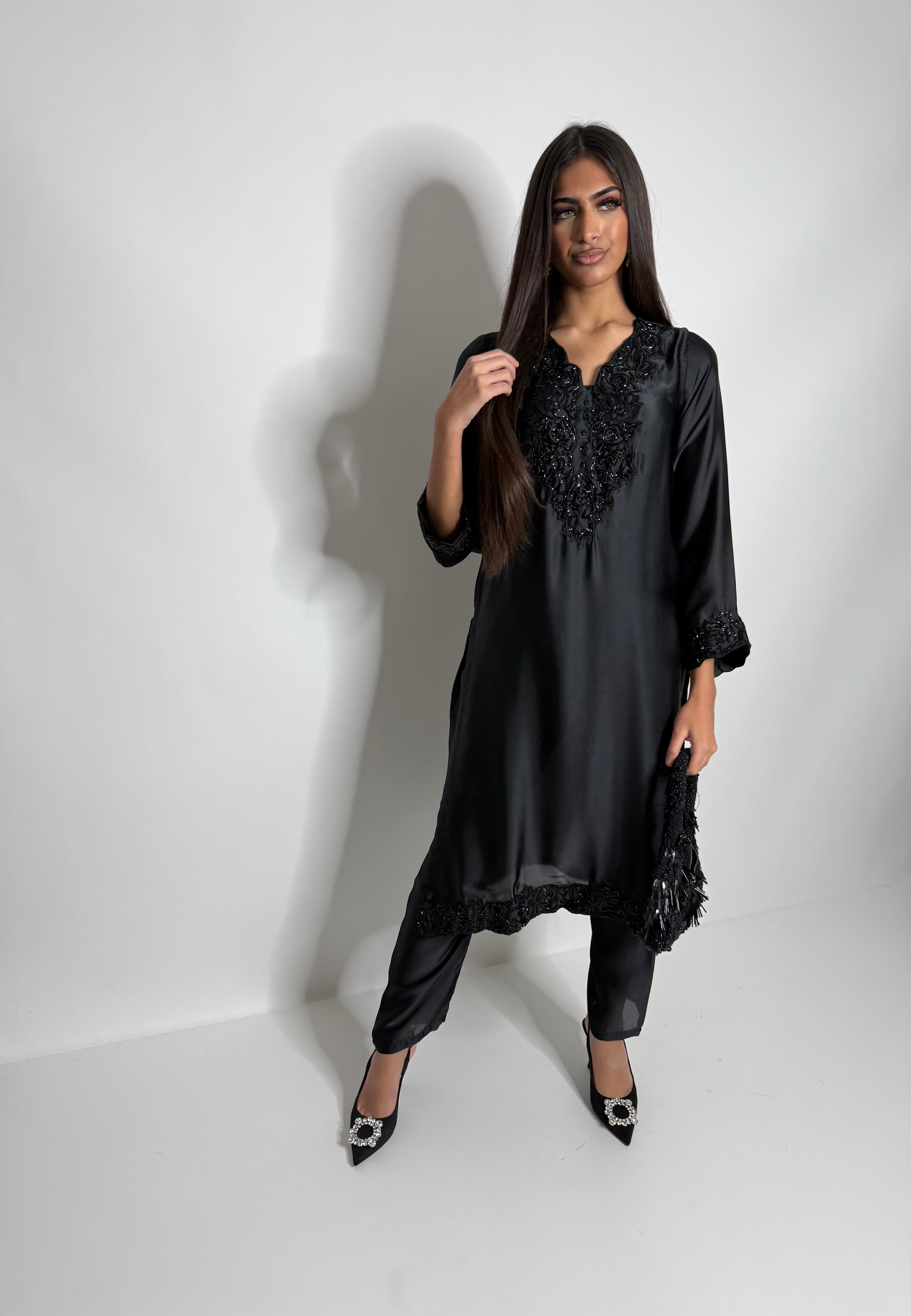 Noirel Black Silk Embroidered Set