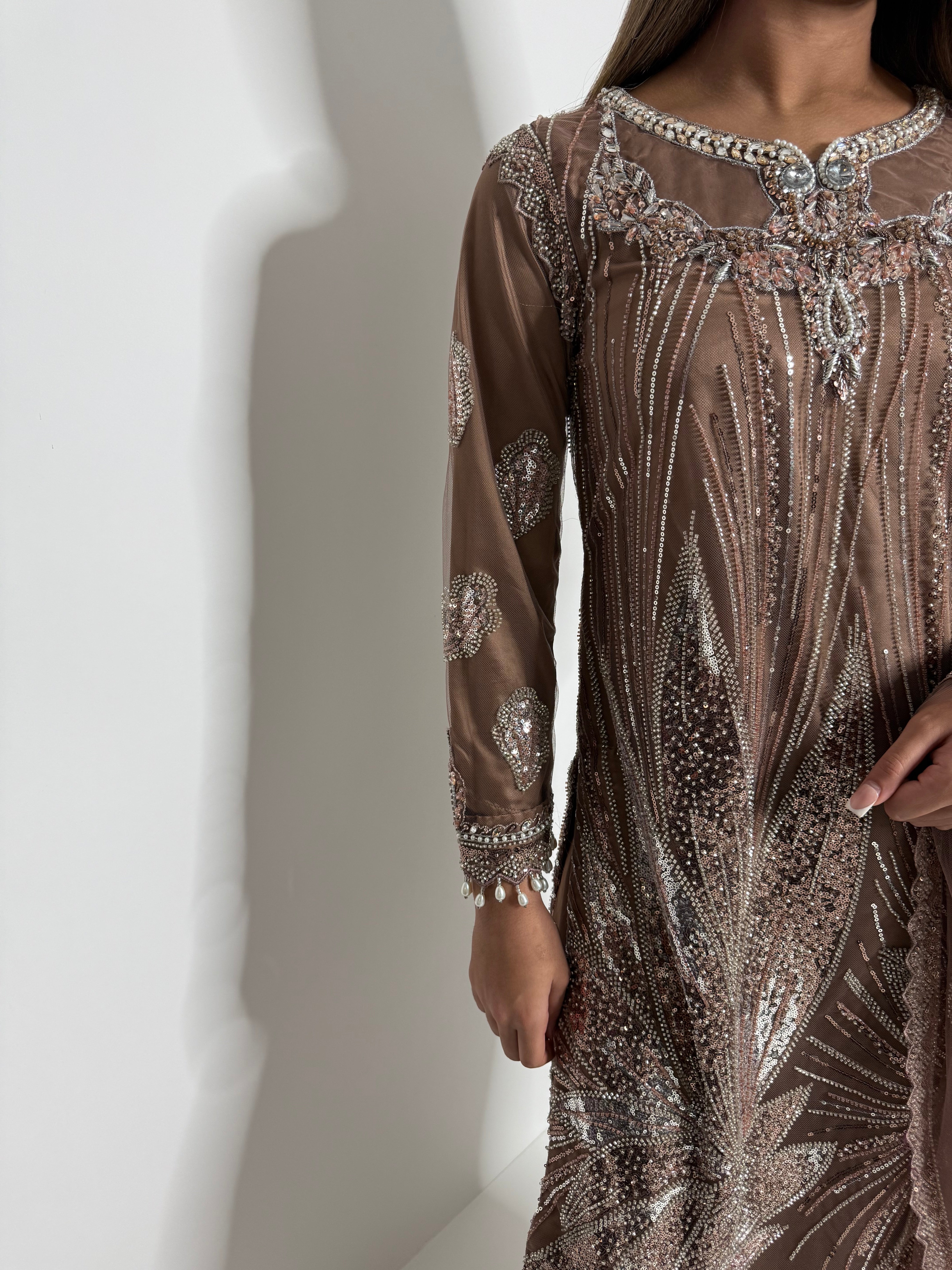 Luxury Eid outfit in mocha with cutdana work