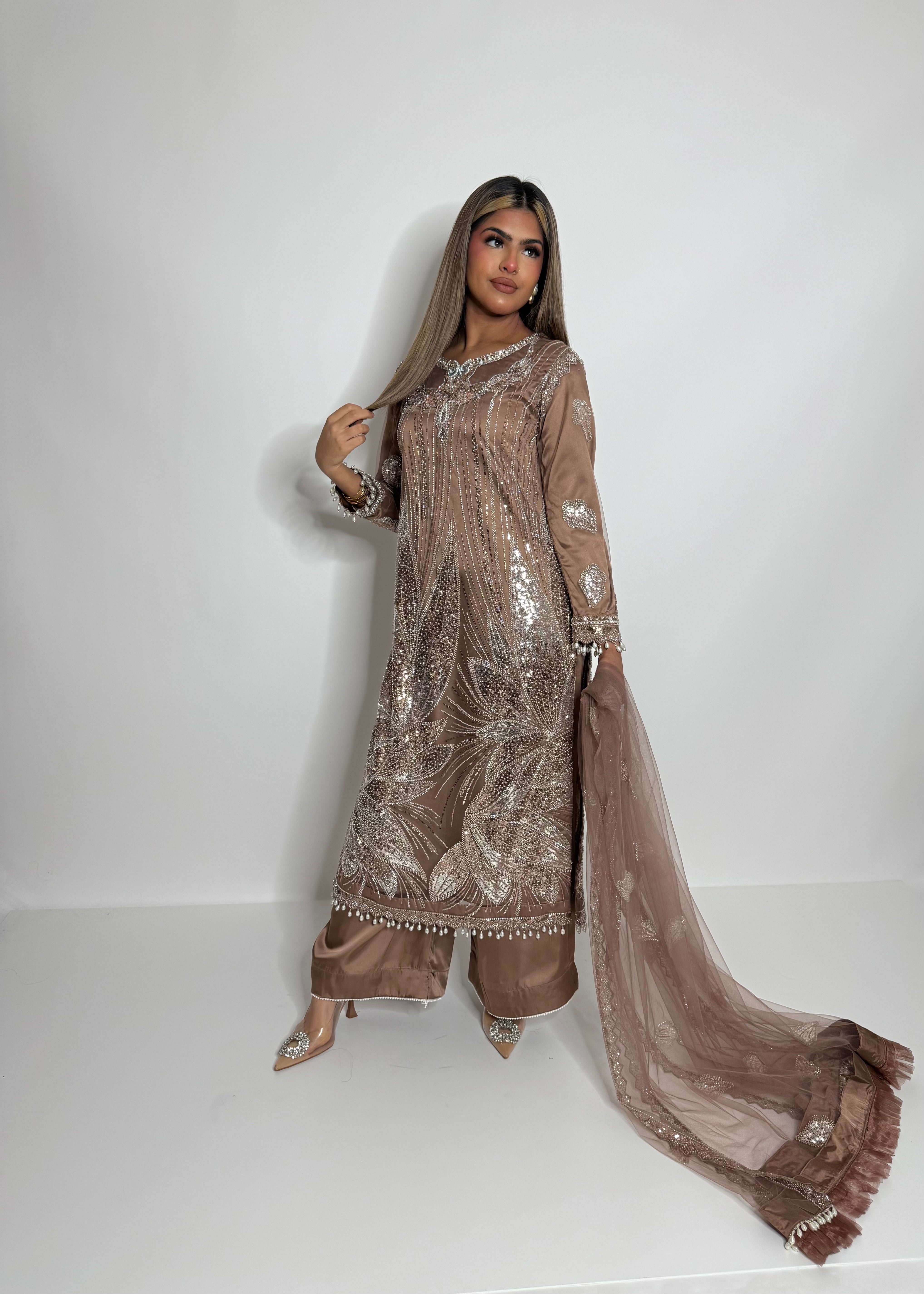 Mocha Élan net cutdana outfit with intricate hand embroidery