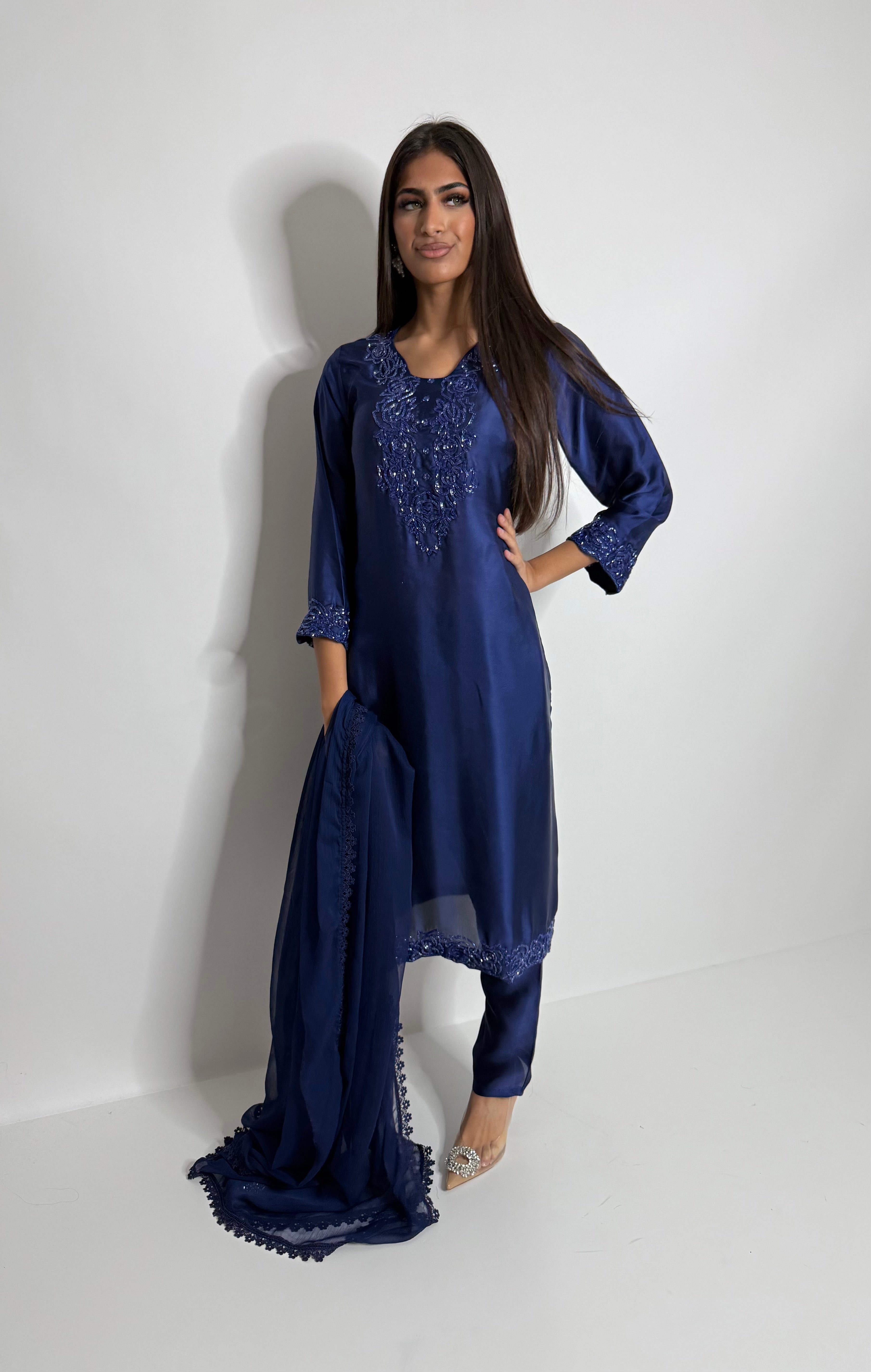 Nyra midnight blue silk three-piece Eid outfit