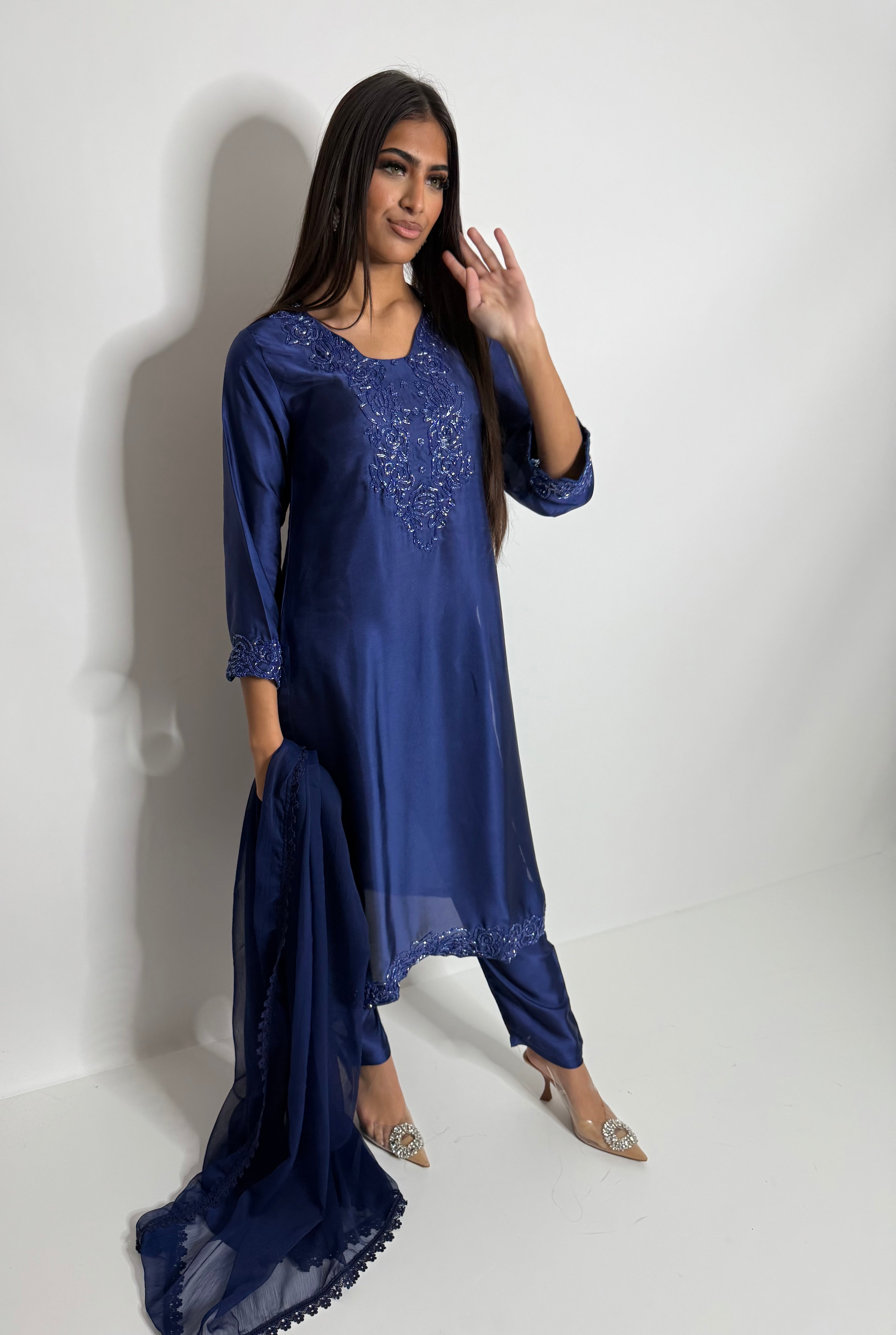 Nyra Midnight Blue Silk Three-Piece