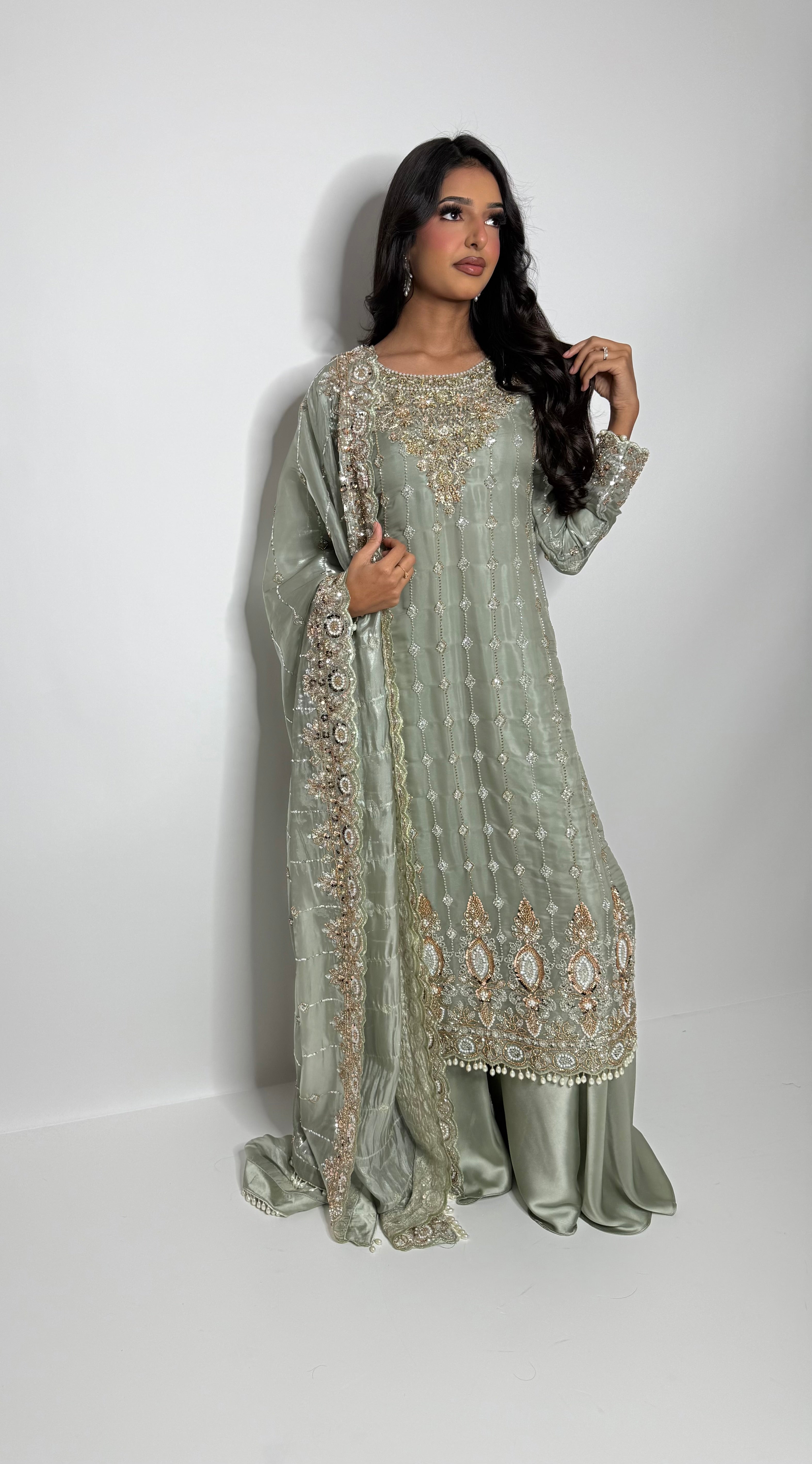 Sage green cutdana silk outfit with pearl detailing