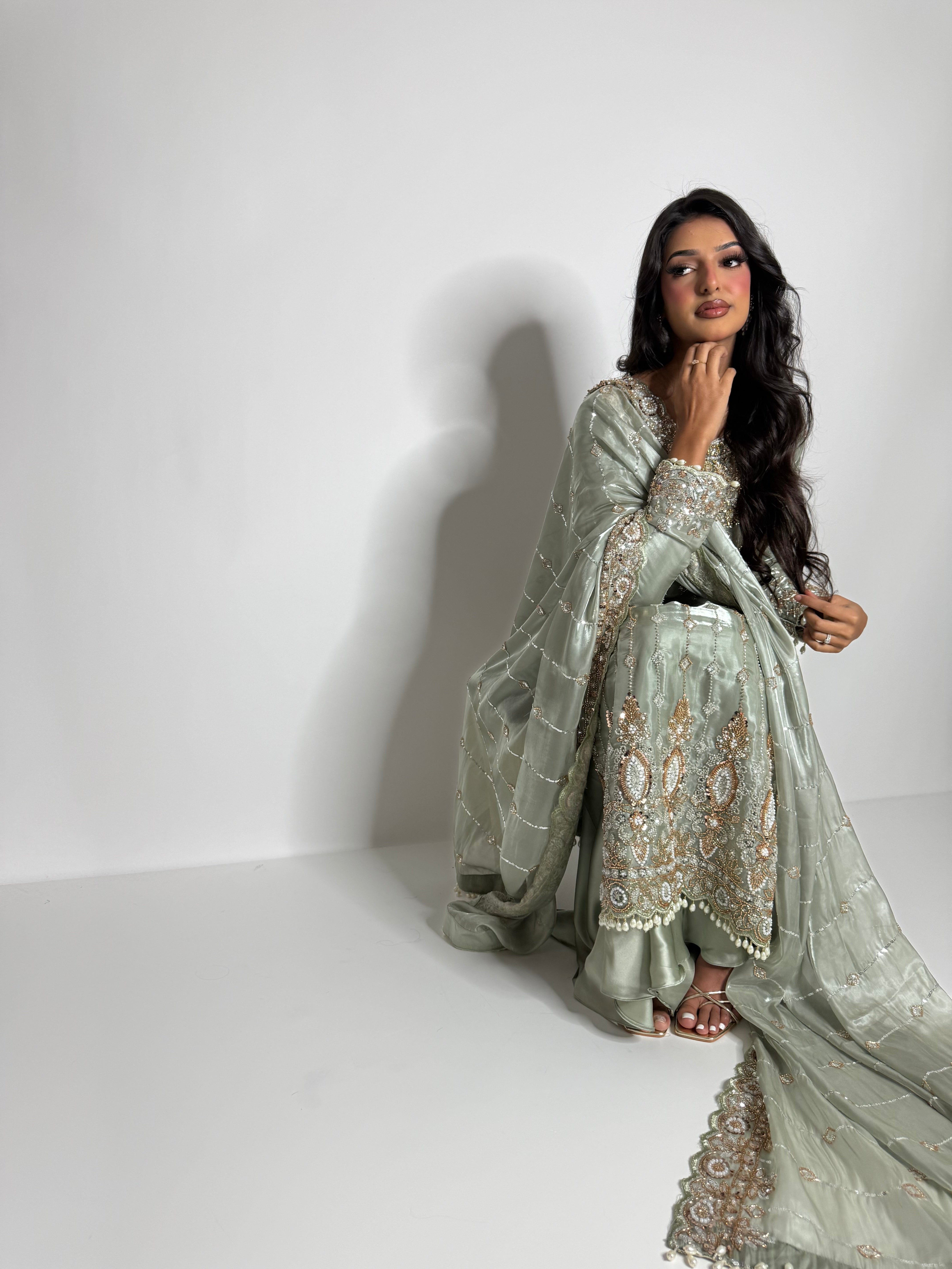 Sage embroidered sharara outfit for Eid