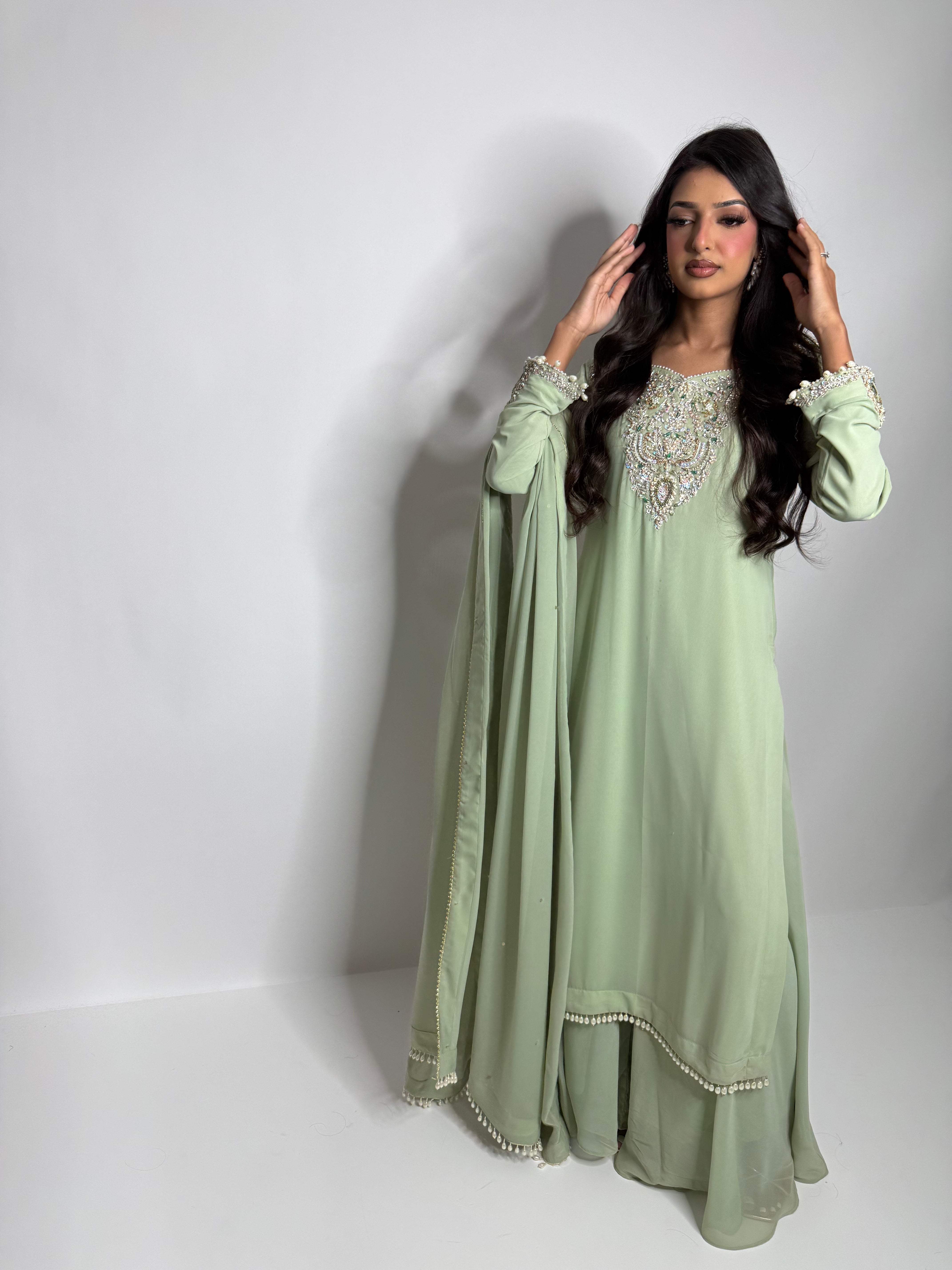 Sage Pakistani outfit with chiffon dupatta