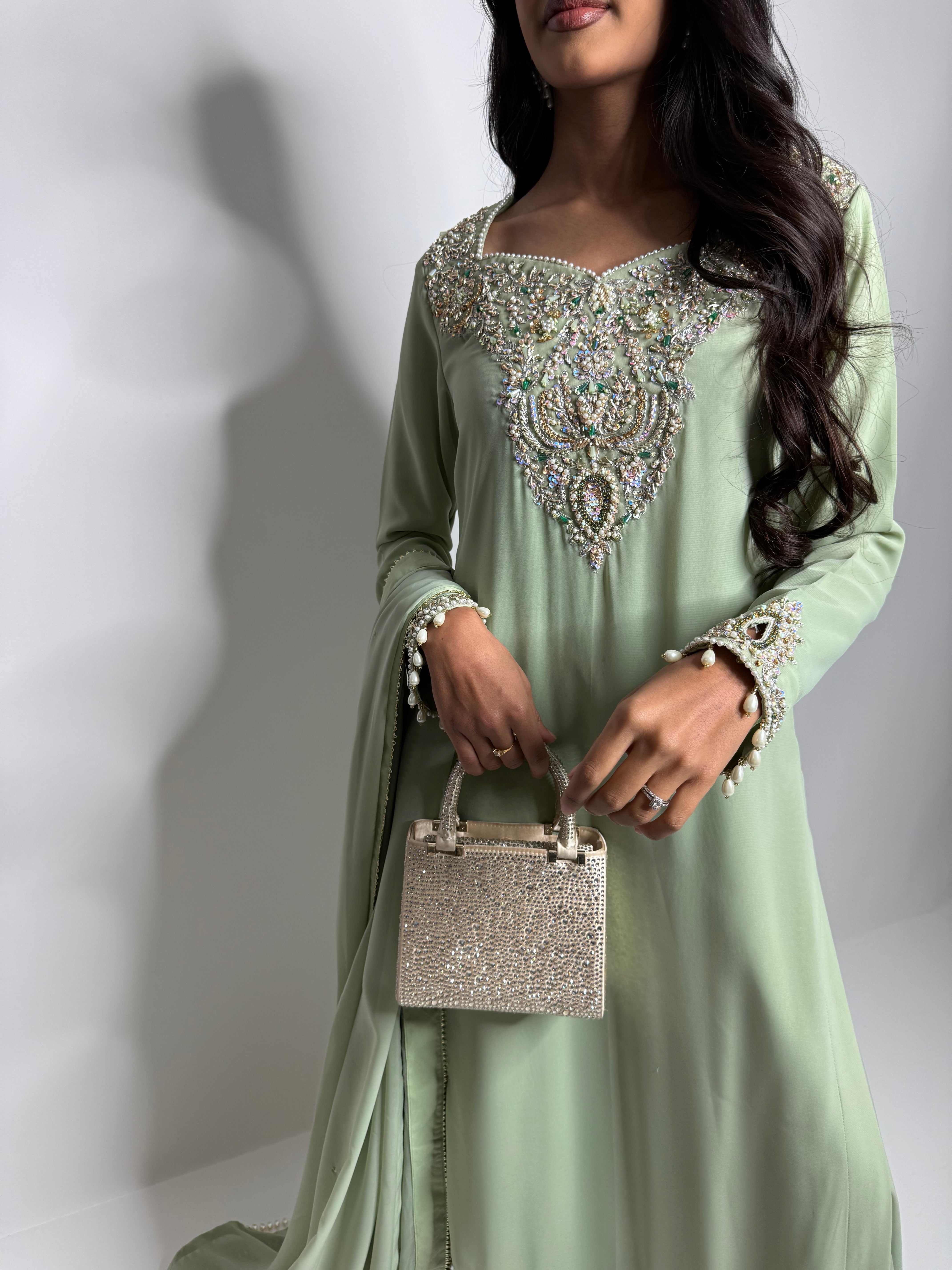 Sage green georgette outfit with hand embroidery