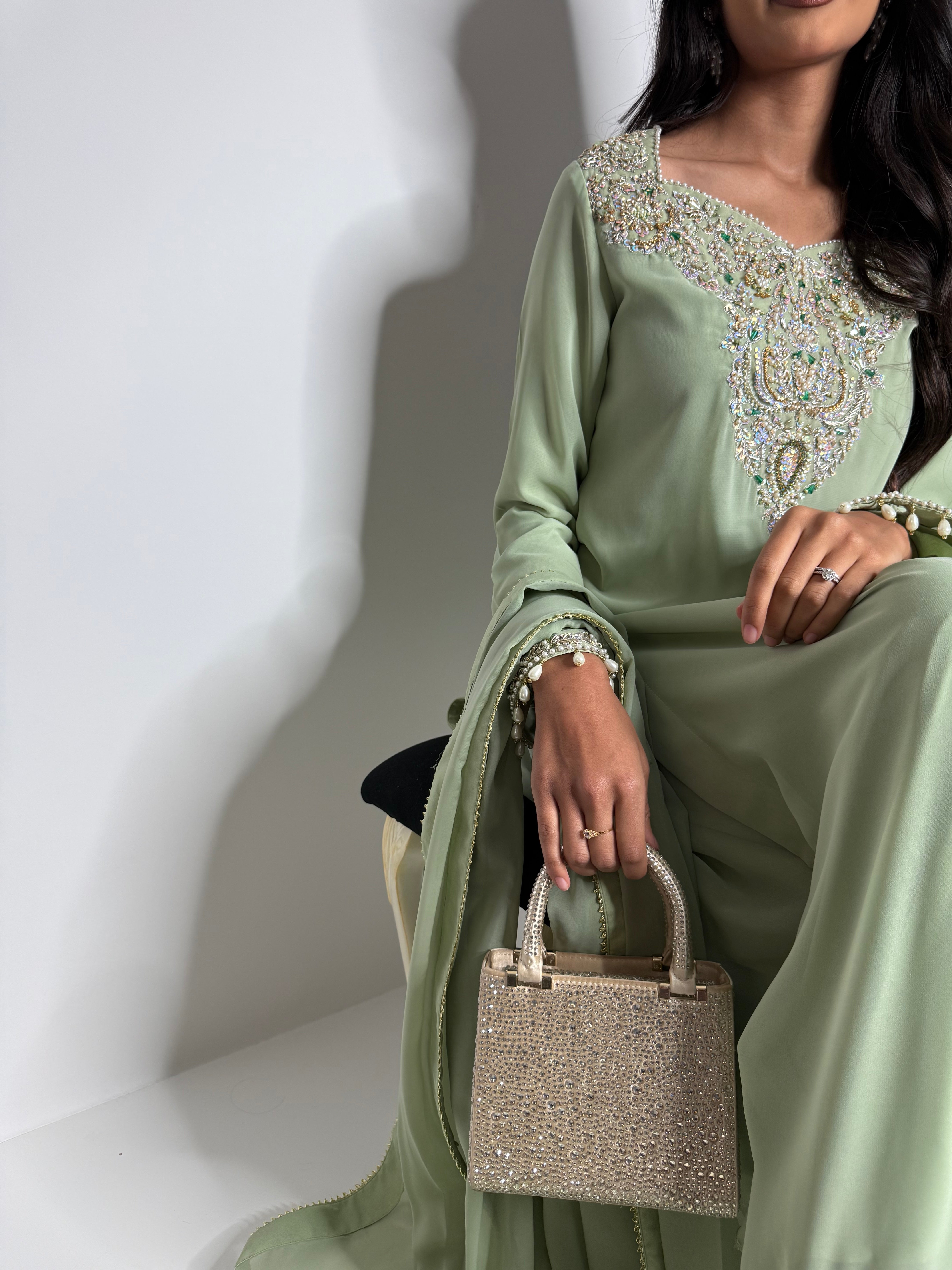 Pearl detailed sage green sharara suit