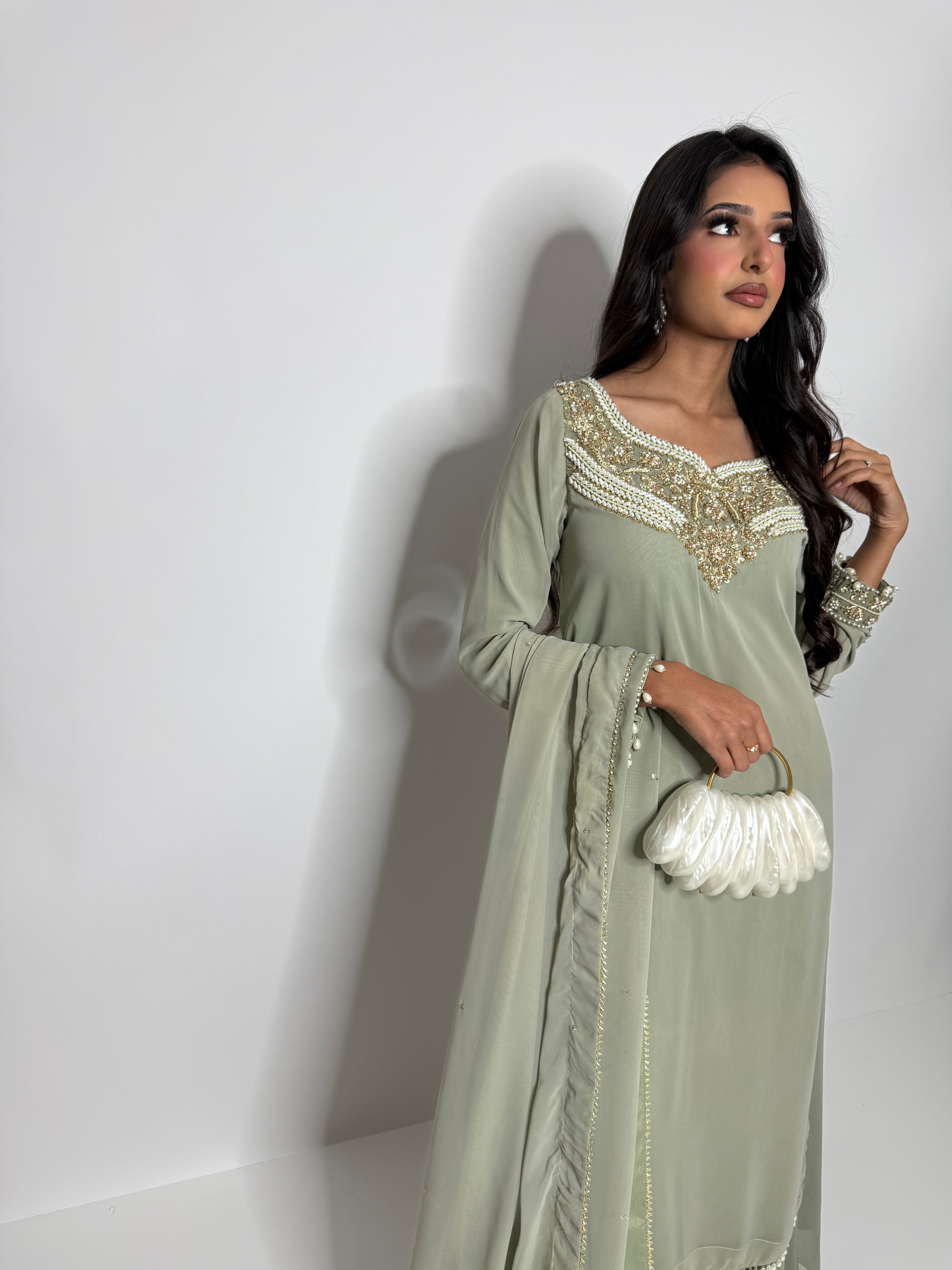 Sage green georgette outfit with hand embroidery