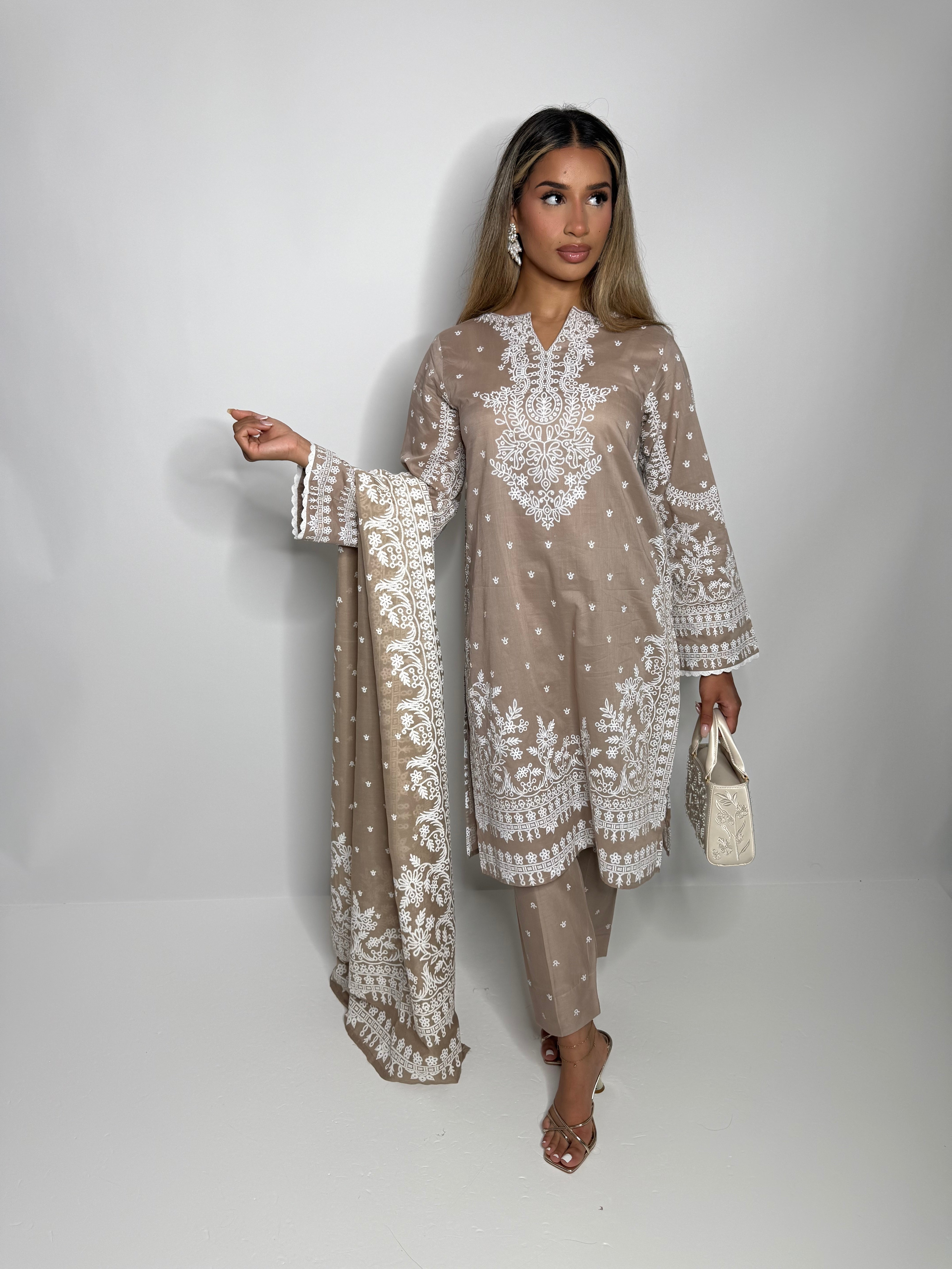 Limelight taupe lawn three-piece designer edit