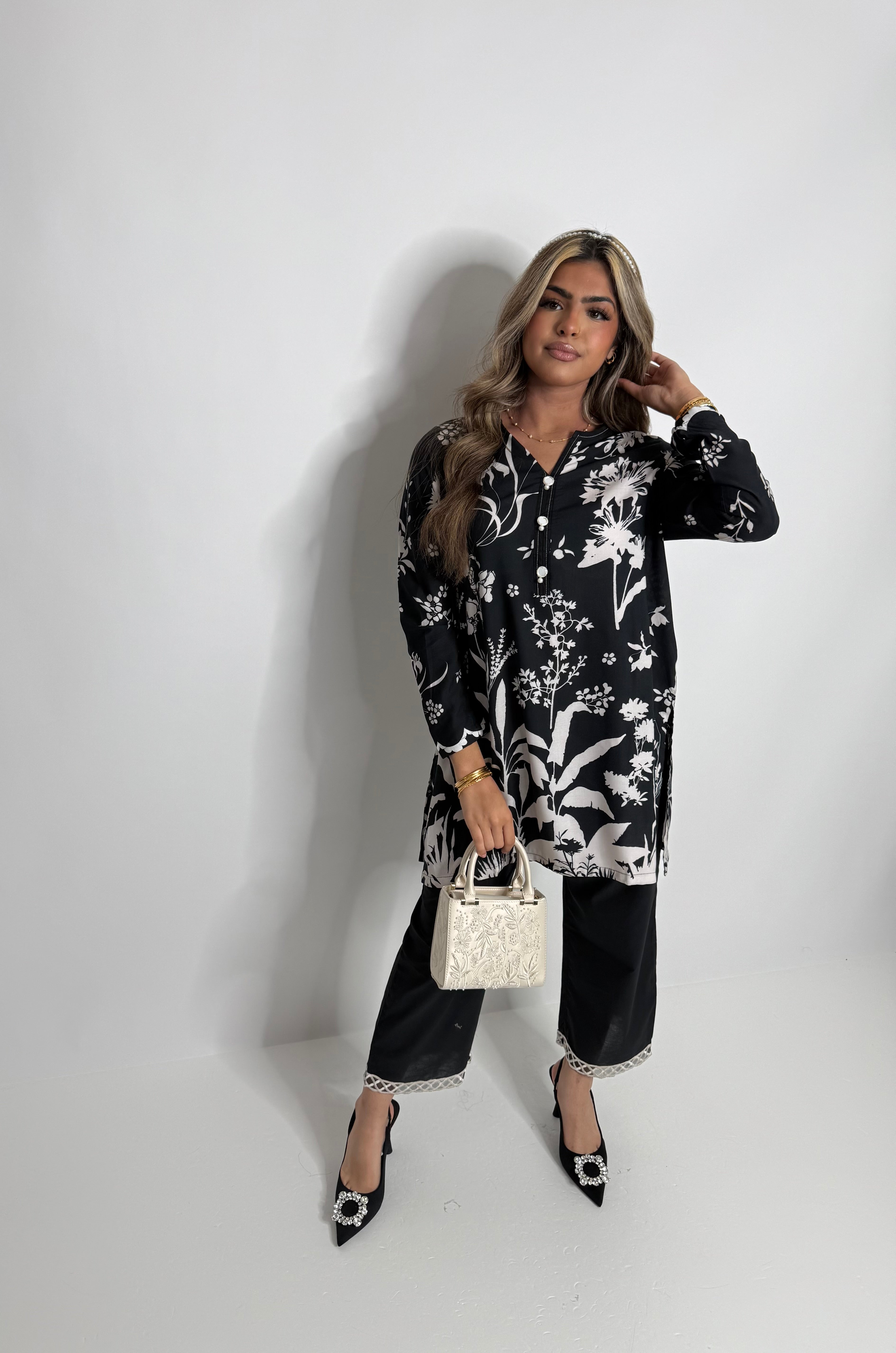Pakistani designer cotton suit by Sana Safinaz in monochrome print