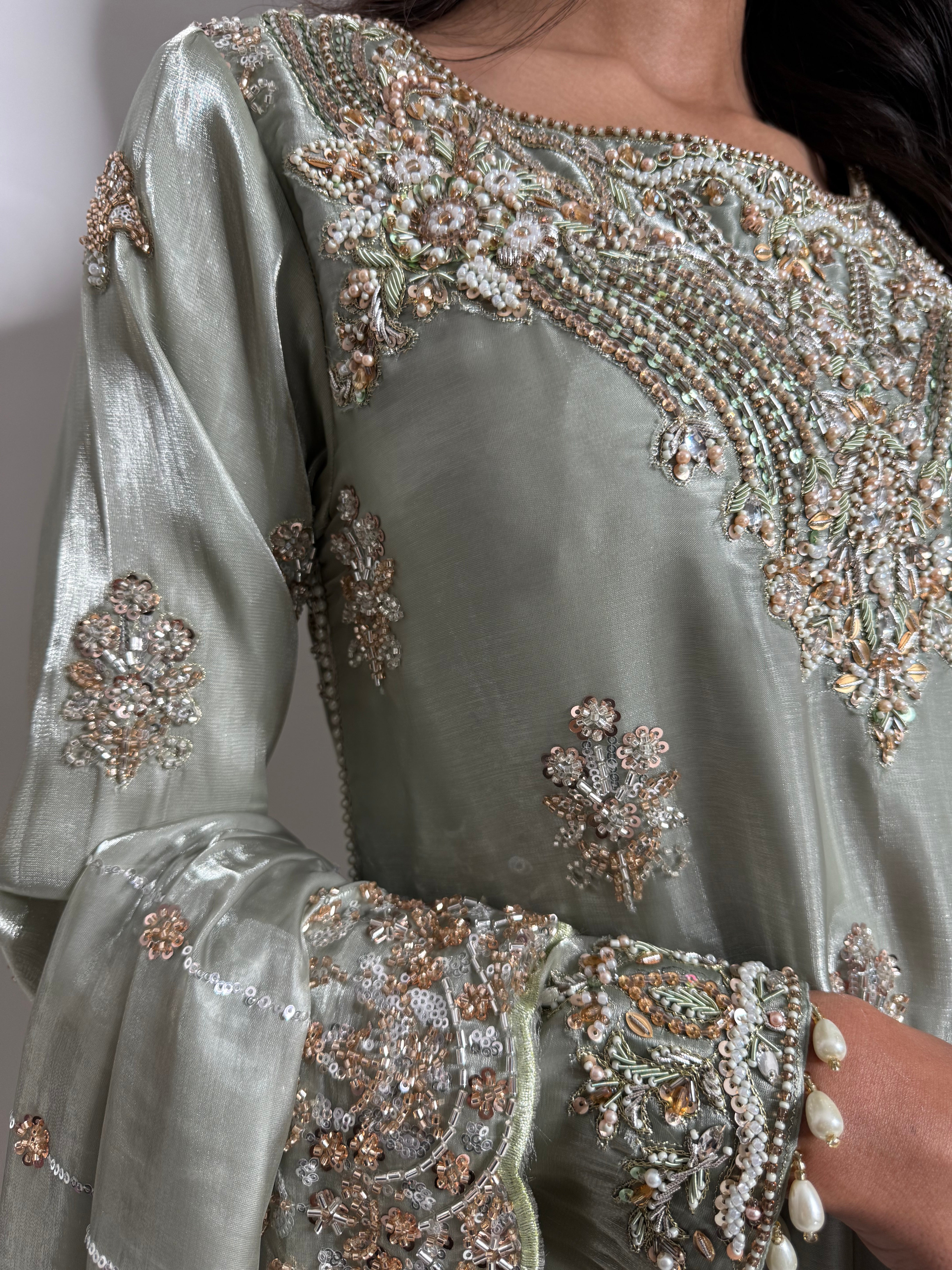 Avenira Sage | Luxury Sage Green Silk Cutdana Embroidered Pakistani Sharara Suit (3 Piece)