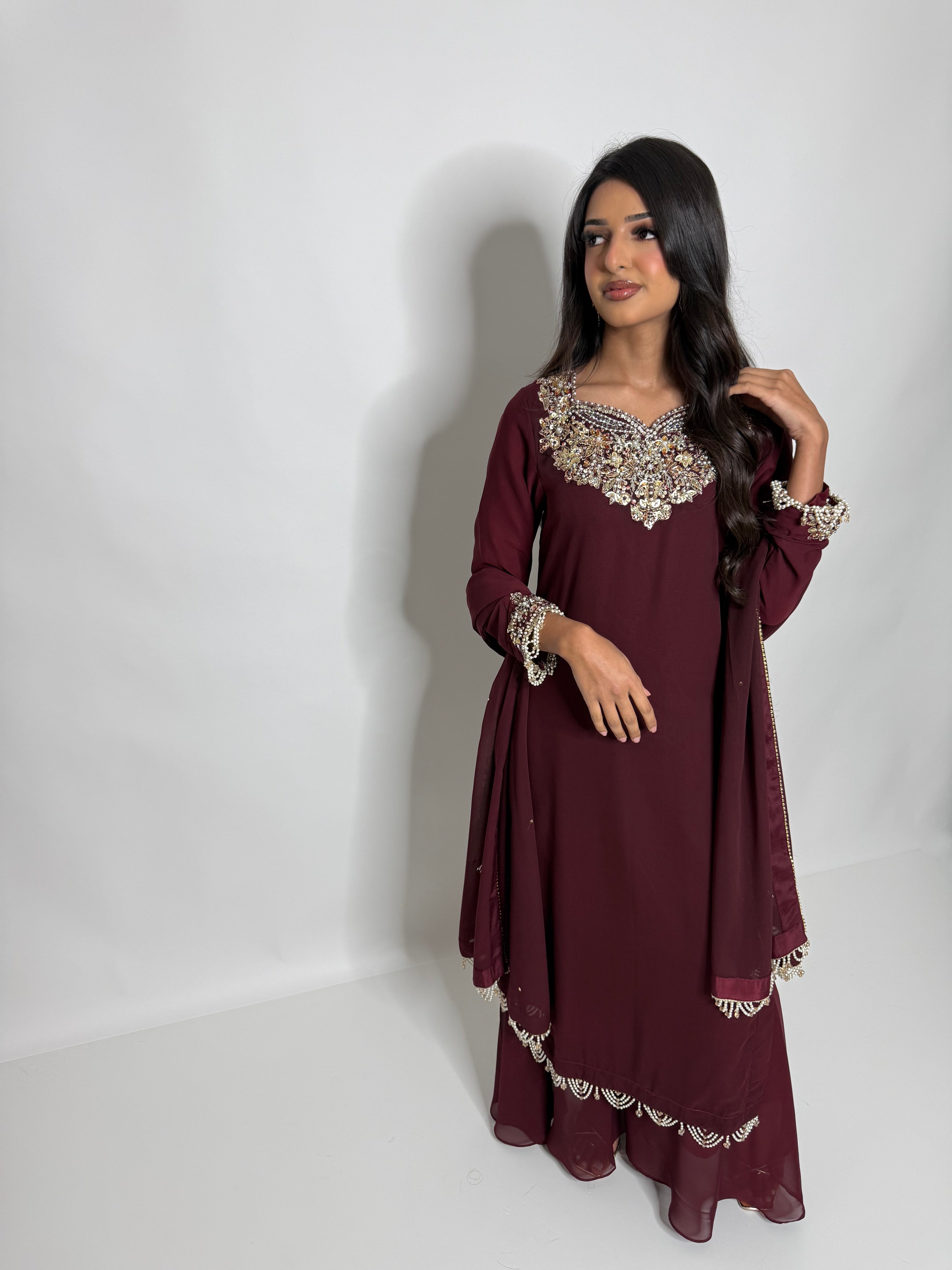Luxury maroon Pakistani three piece sharara suit UK boutique