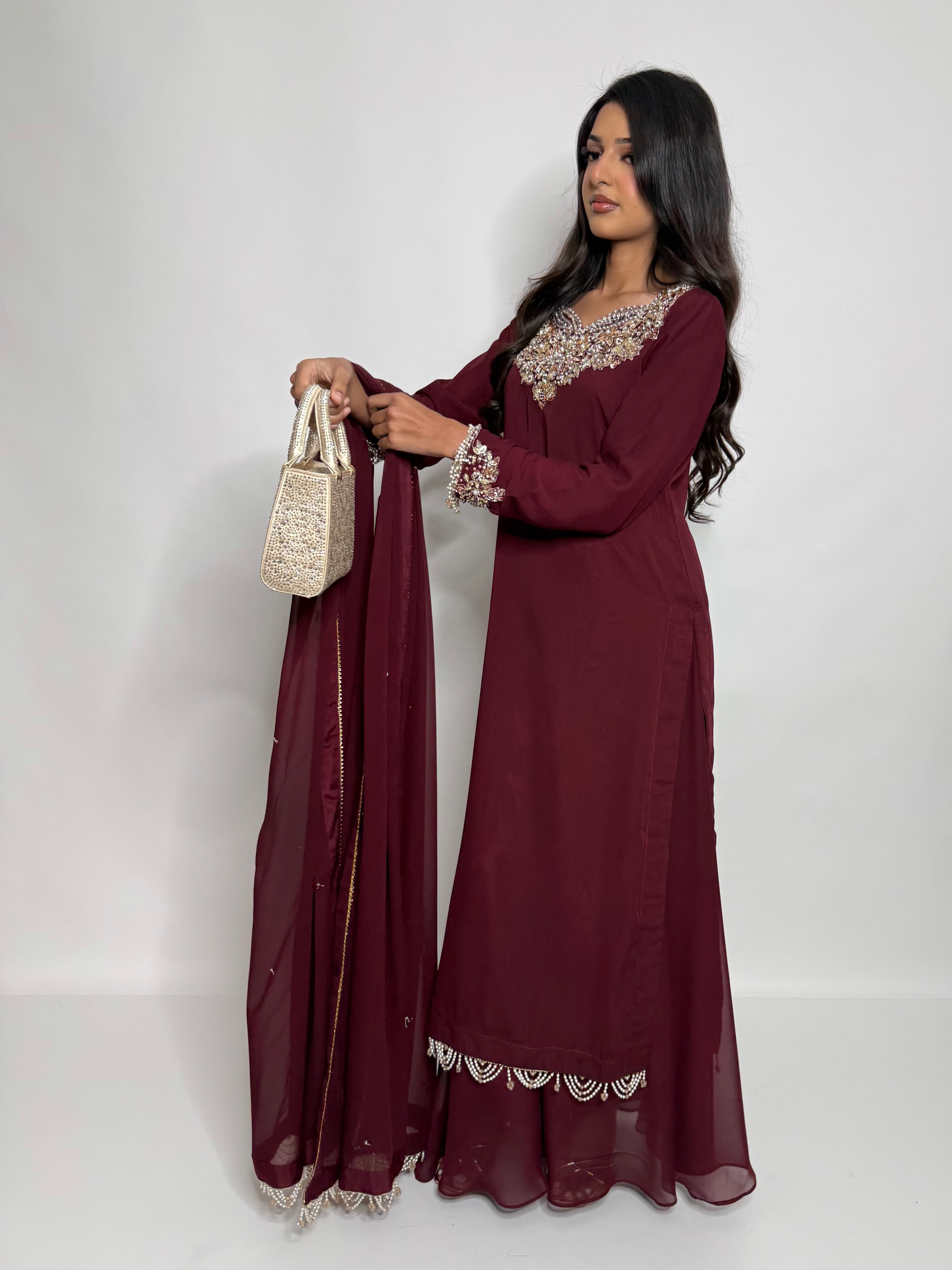Maroon engagement outfit with pearl finished chiffon dupatta