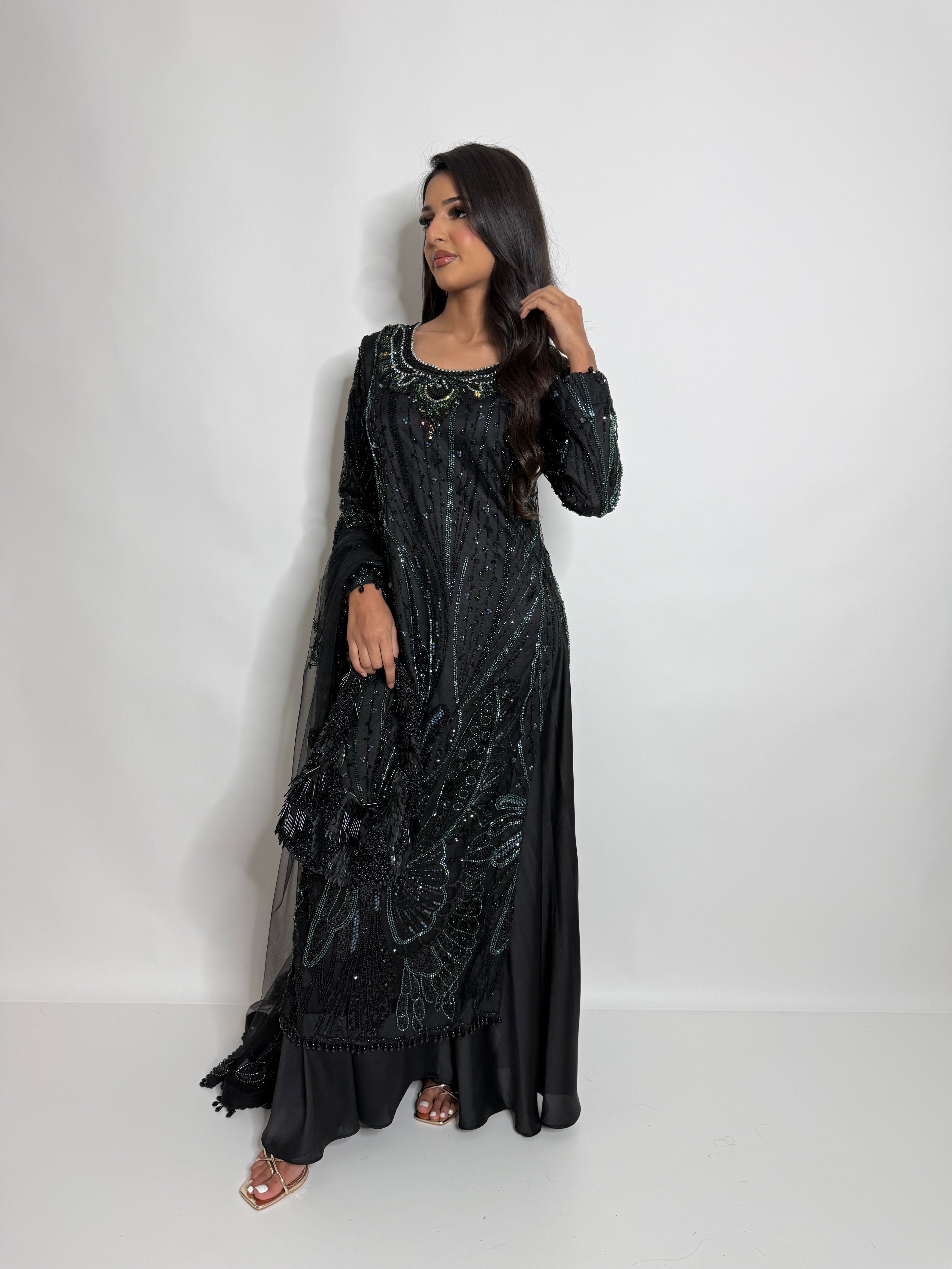 Zarelle Noir Emerald | Luxury Black Cutdana Sharara Suit (3 Piece)