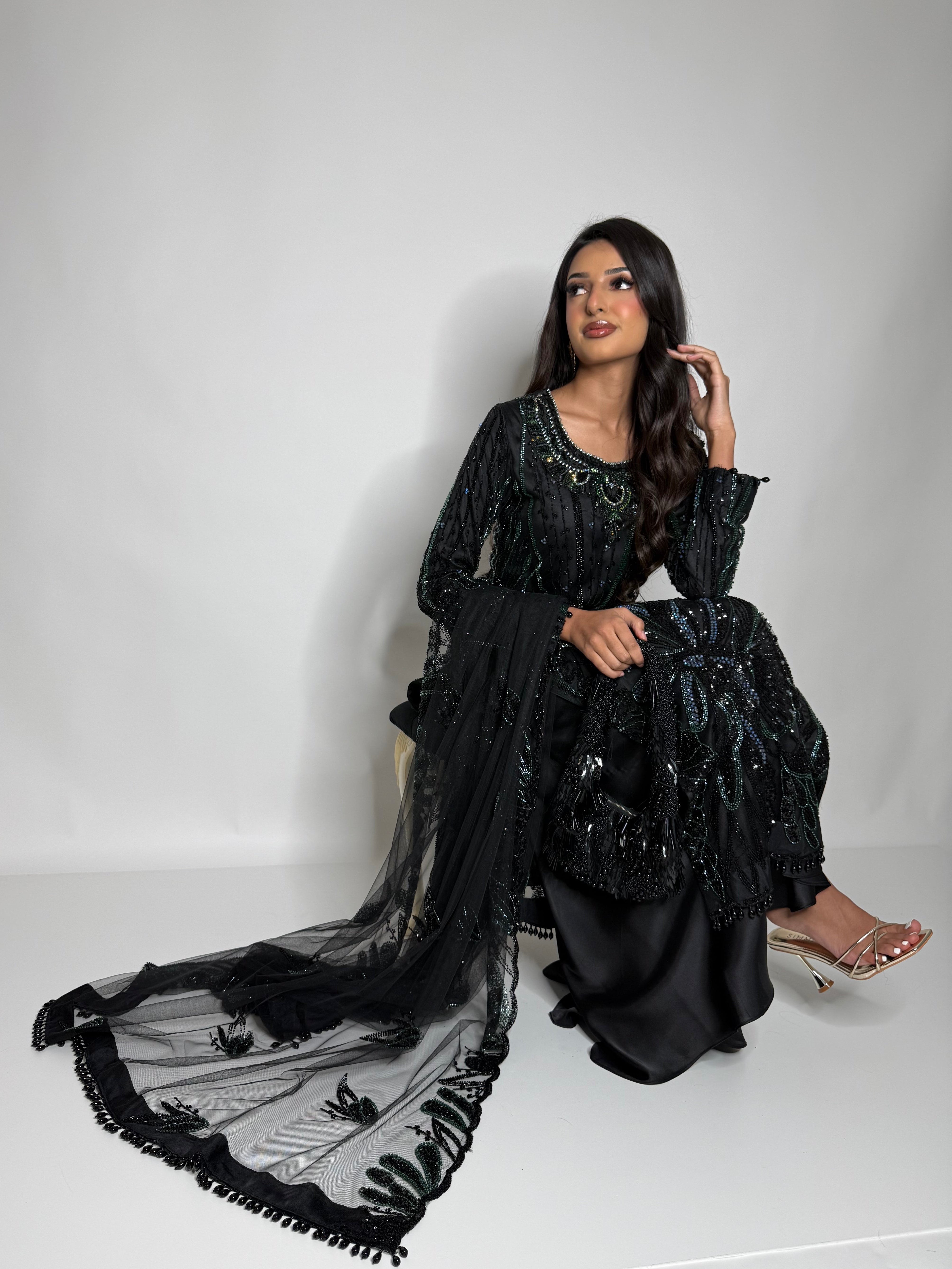 Zarelle Noir Emerald | Luxury Black Cutdana Sharara Suit (3 Piece)