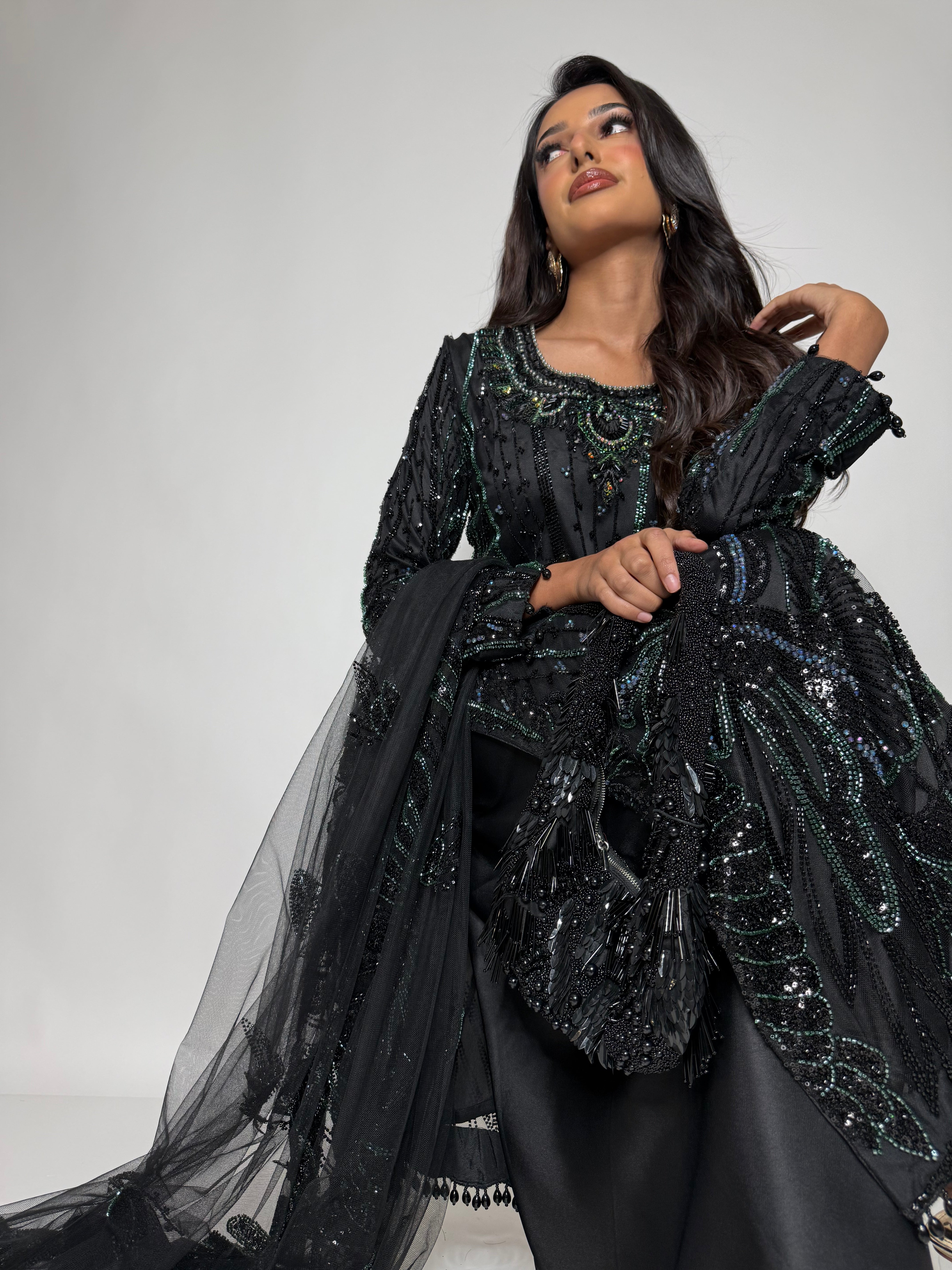 Zarelle Noir Emerald | Luxury Black Cutdana Sharara Suit (3 Piece)