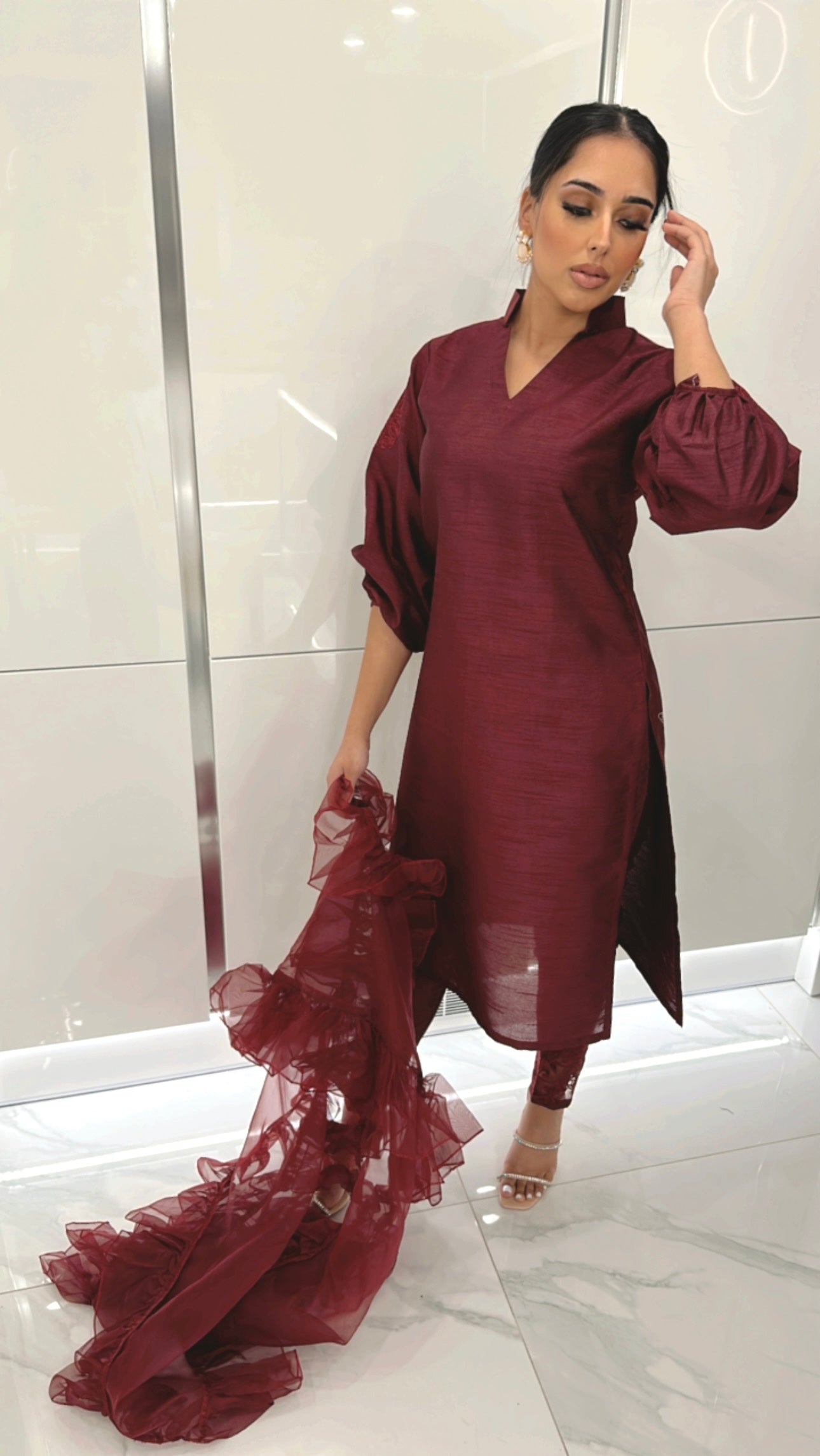 Wine red raw silk Pakistani outfit – Marzena by Ameliyana Boutique