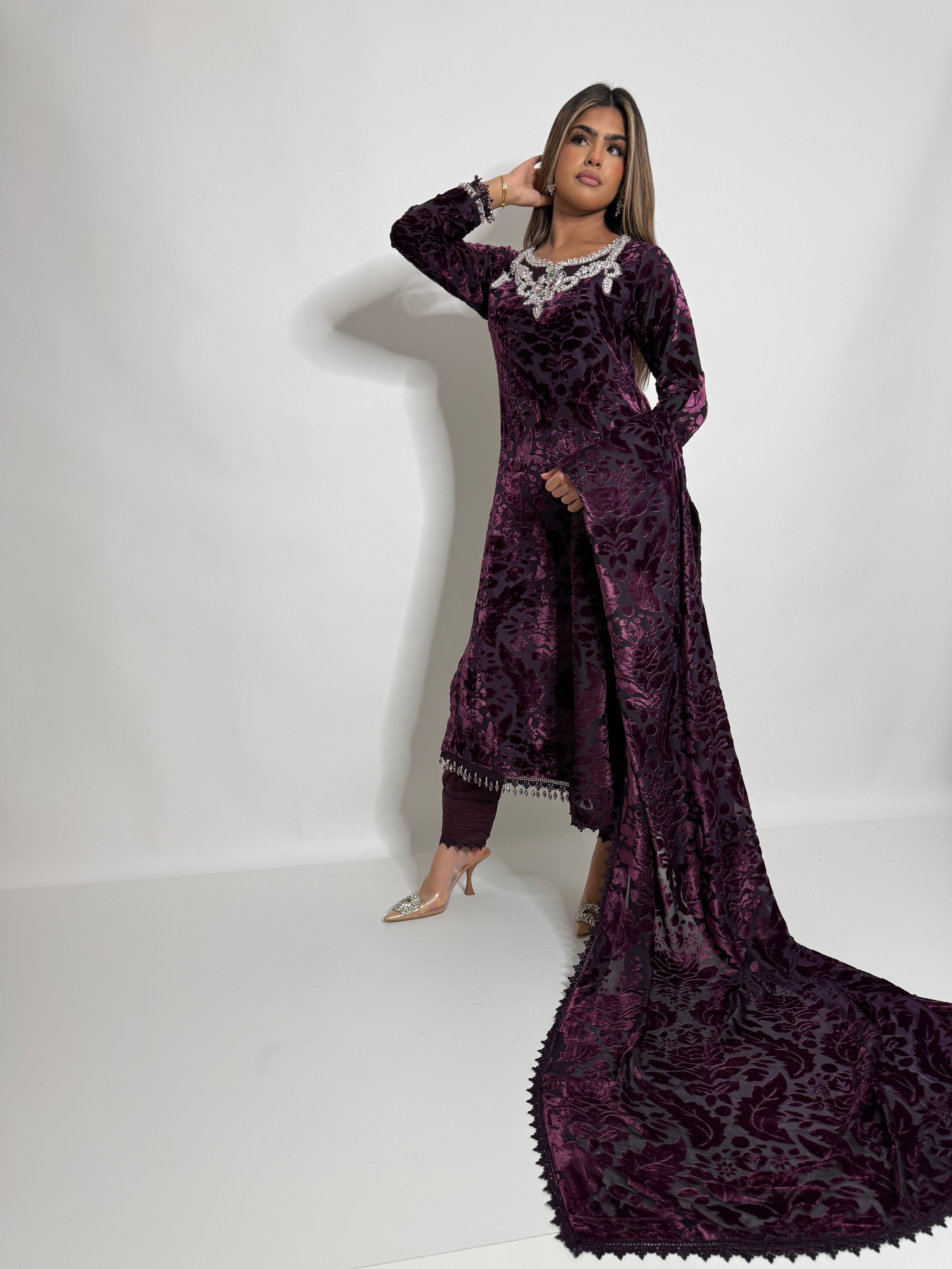 Plum statement neckline embroidery, Hand embellished formal shirt, Matching pearl hem detail, Lace edged shawl drape, Elegant festive wear side pose