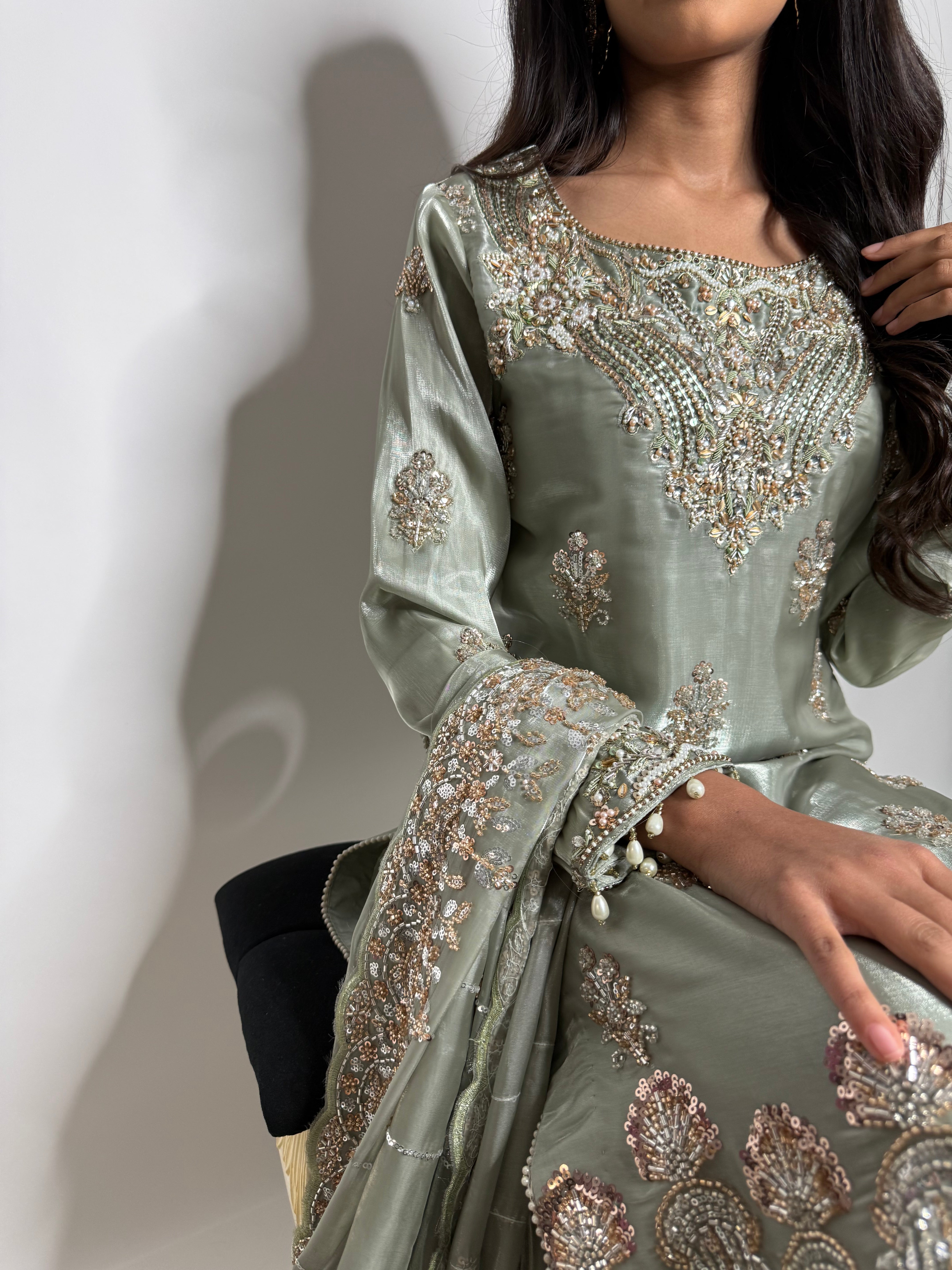 Formal sage green Pakistani partywear suit