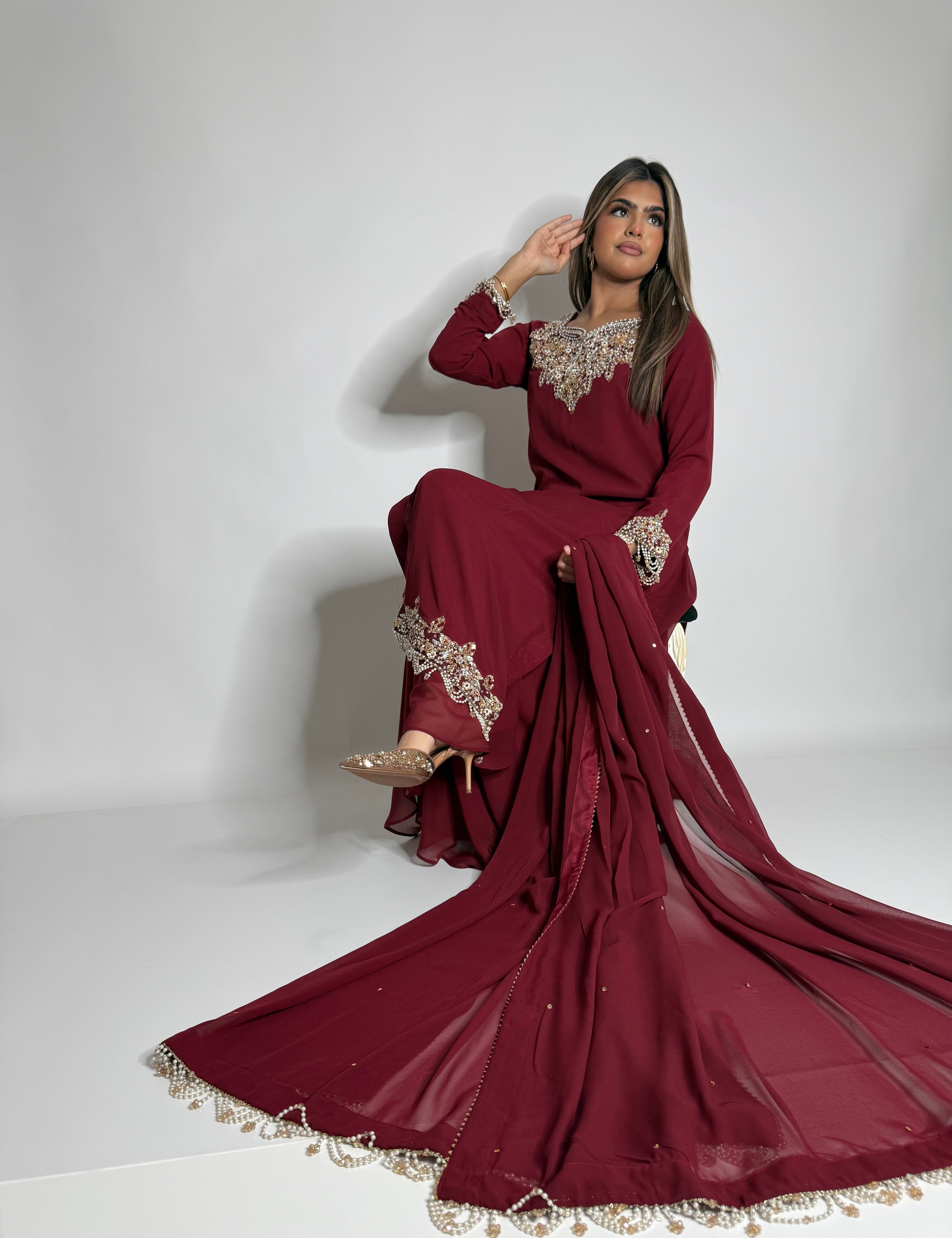 Ruby georgette shirt with pearl embroidered neckline detail