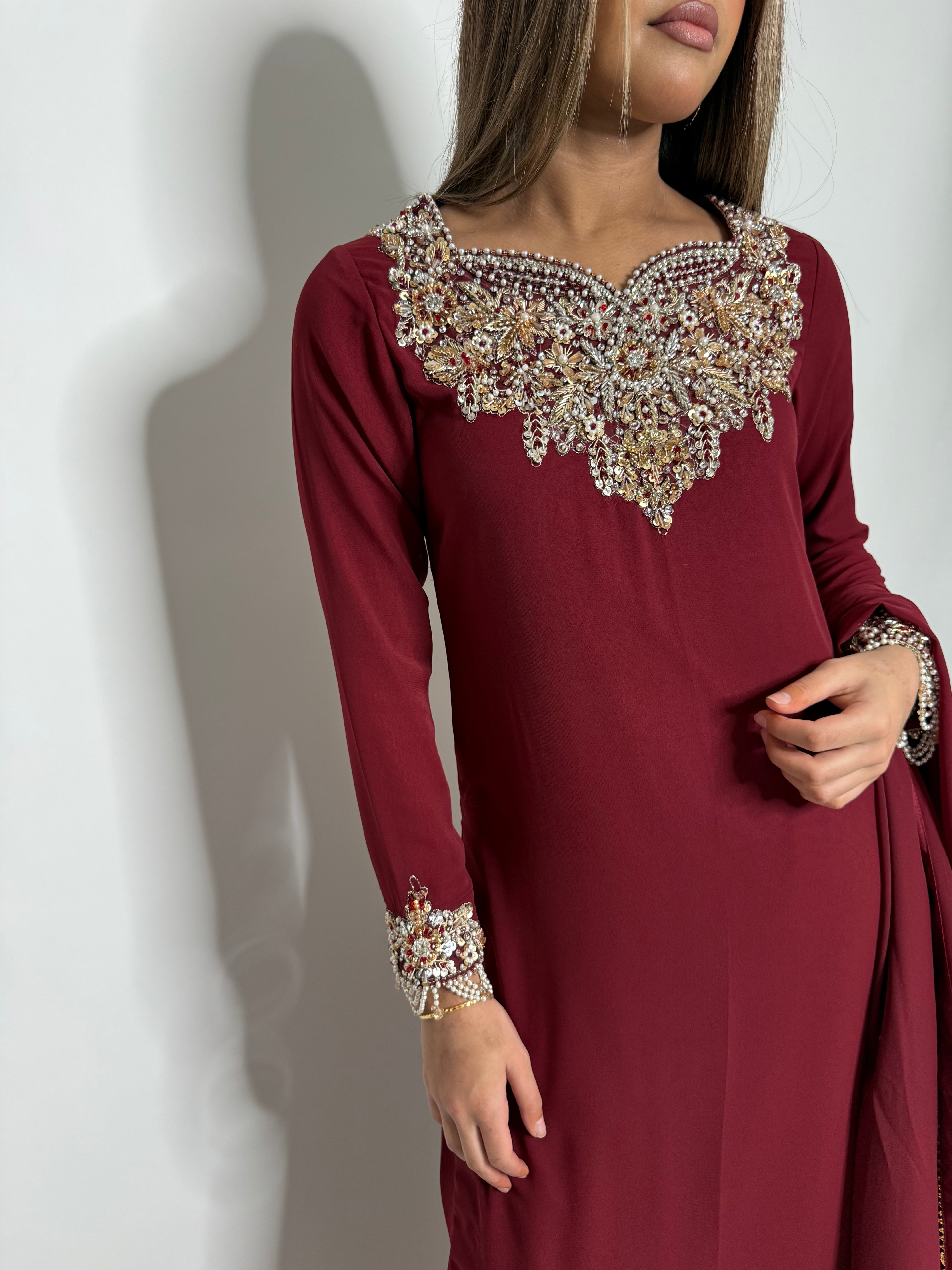 hand embroidery sleeve cuff with pearl finishing