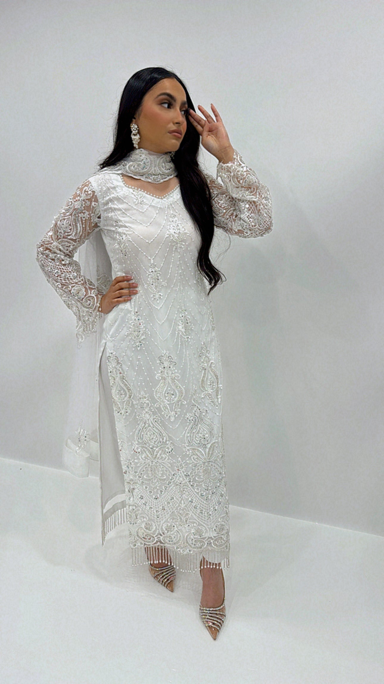 White Pakistani outfit with sequin and cutdana embroidery – elegant modest three-piece with dupatta