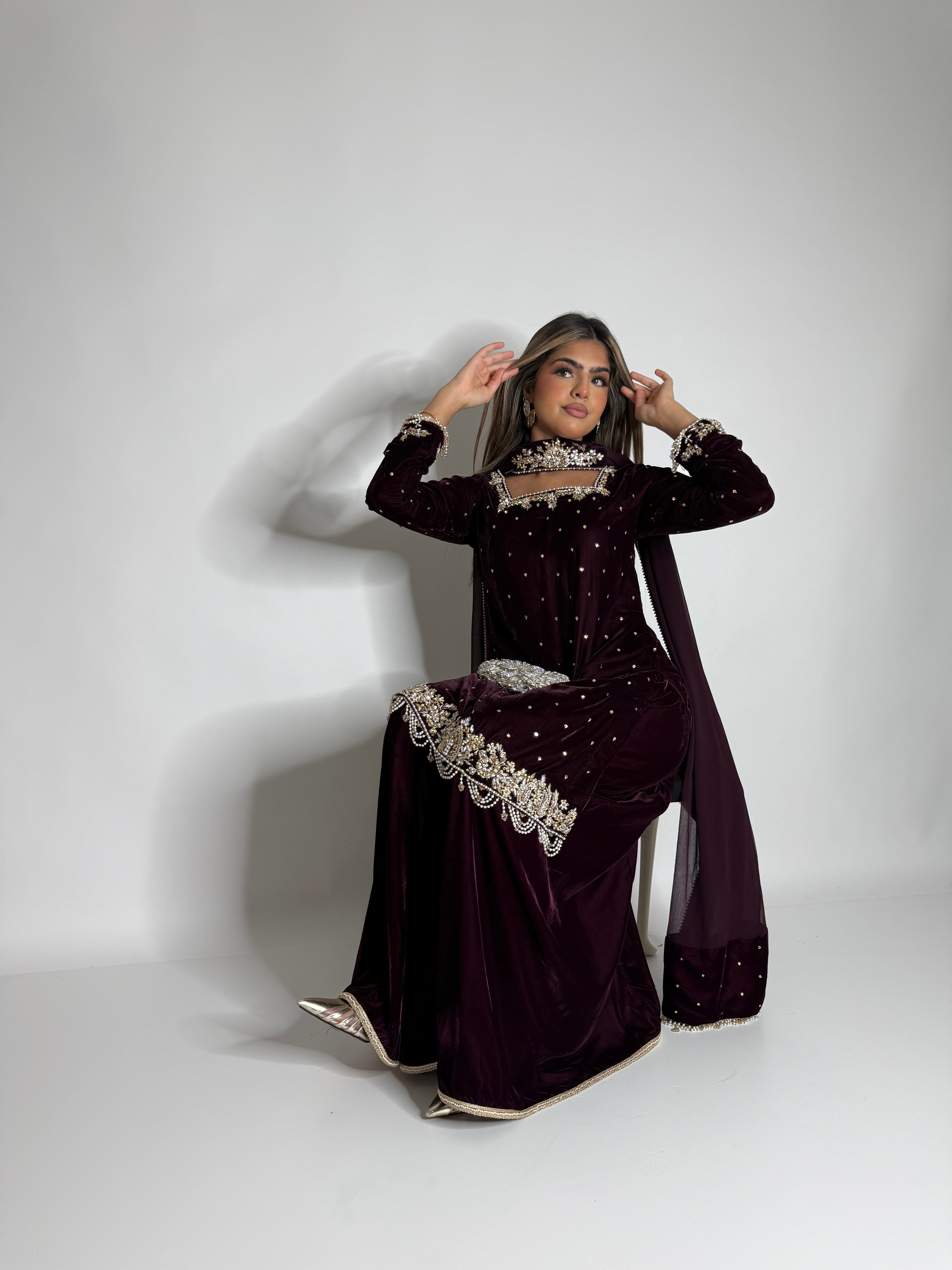 Mahnoor plum gold velvet three piece Eid formal front view