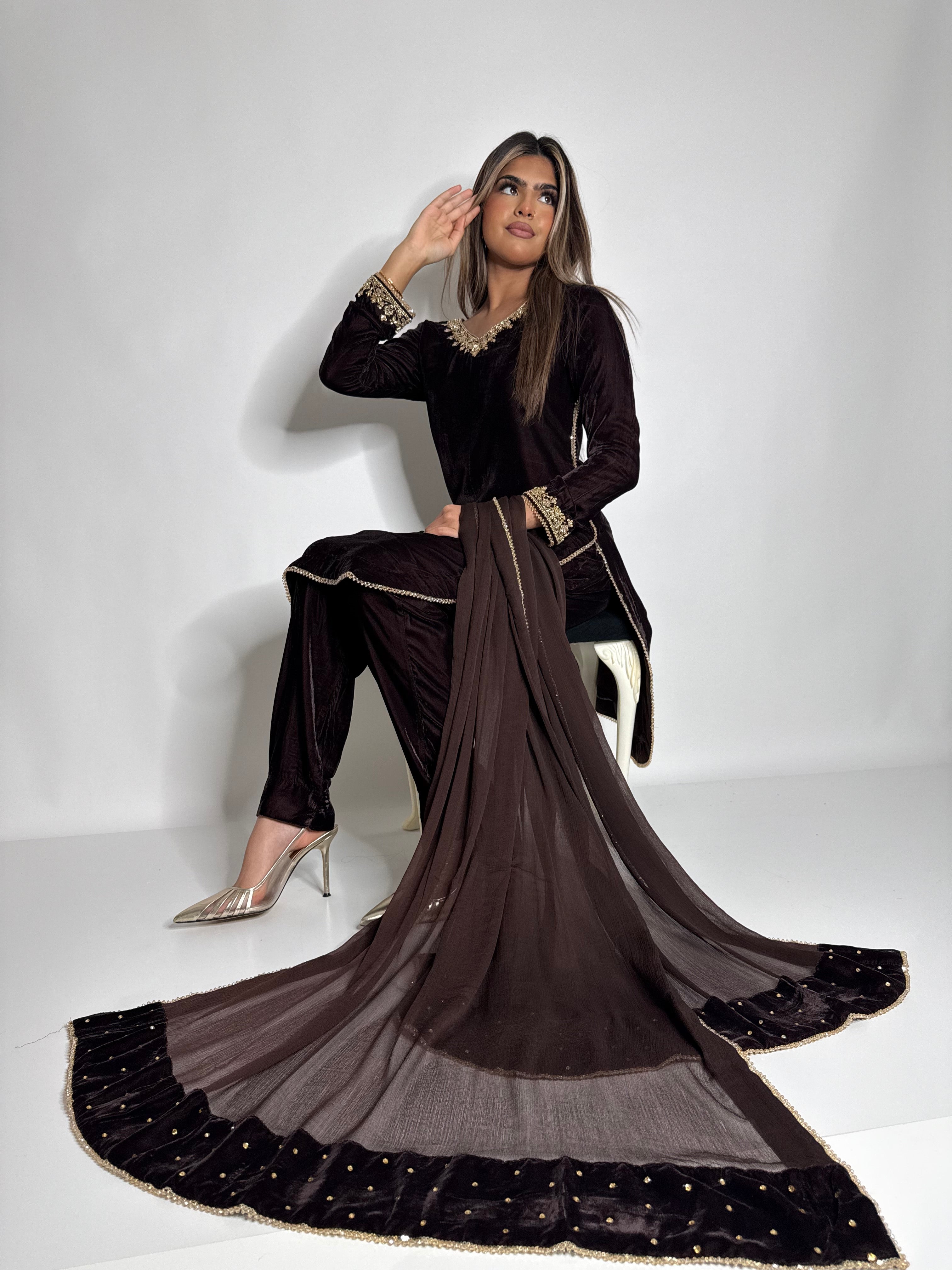 Zareen chocolate gold velvet three piece Eid formal front view