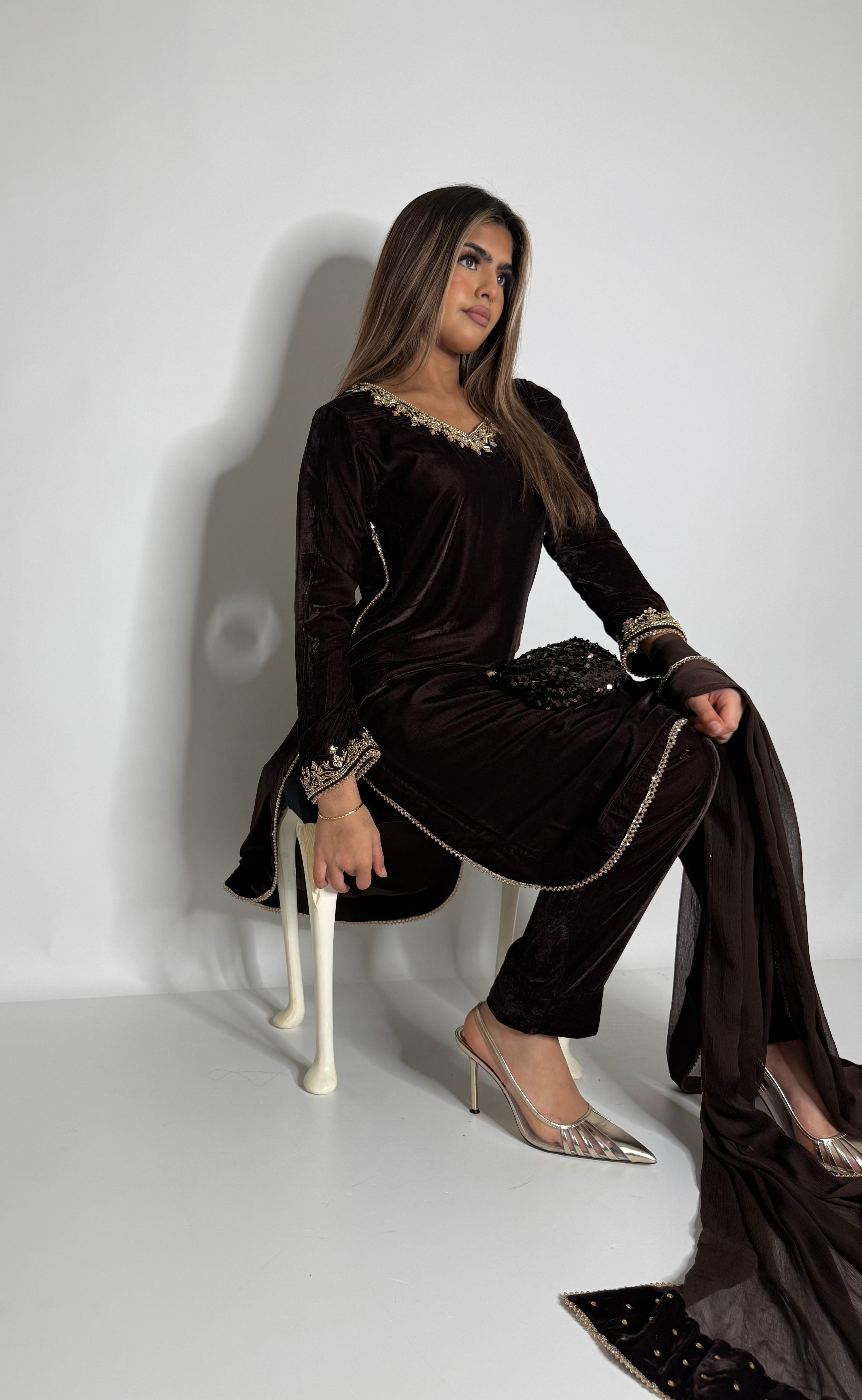 Zareen velvet Eid outfit side profile modest formal wear