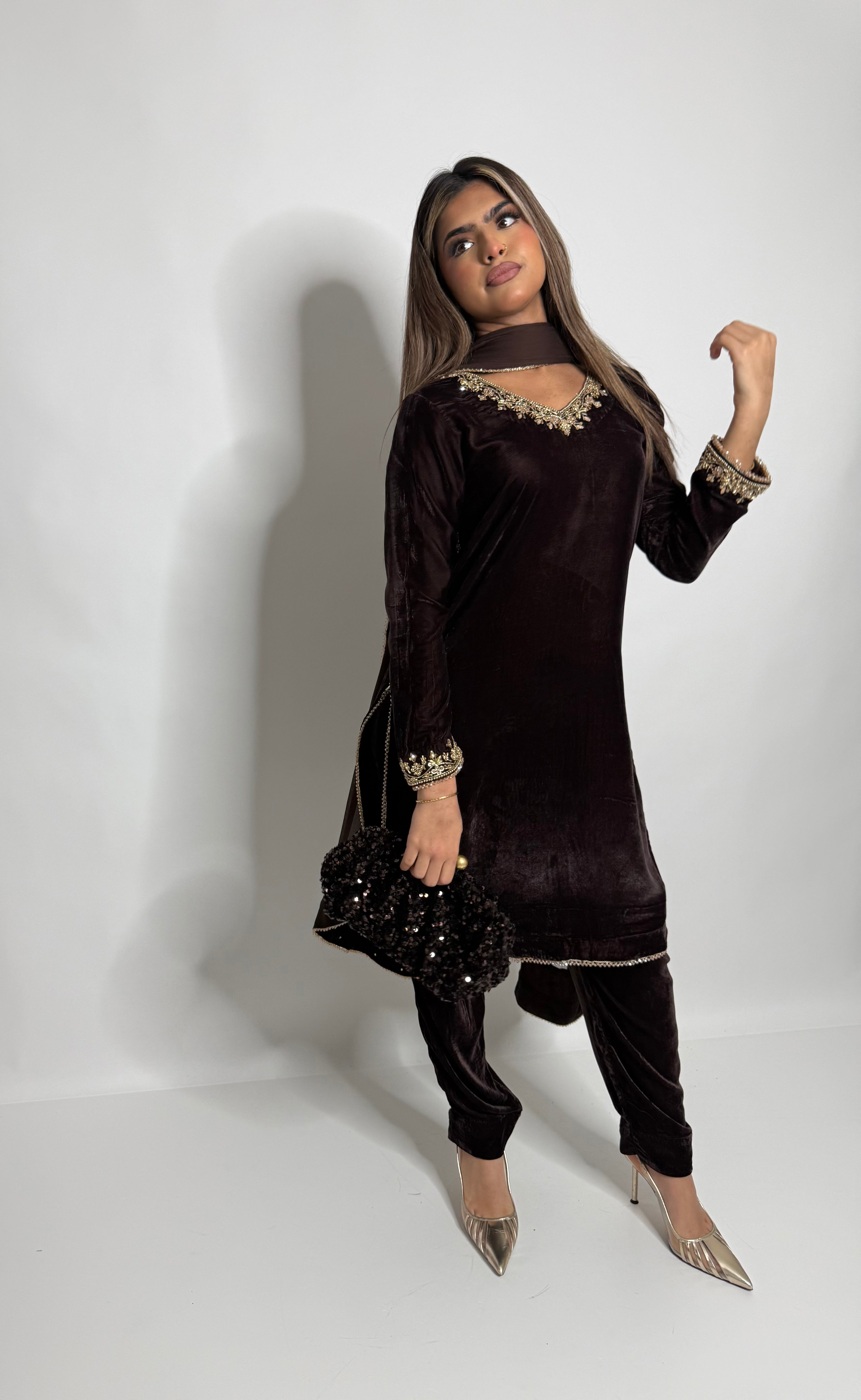 Chocolate velvet three piece suit back view Eid formal