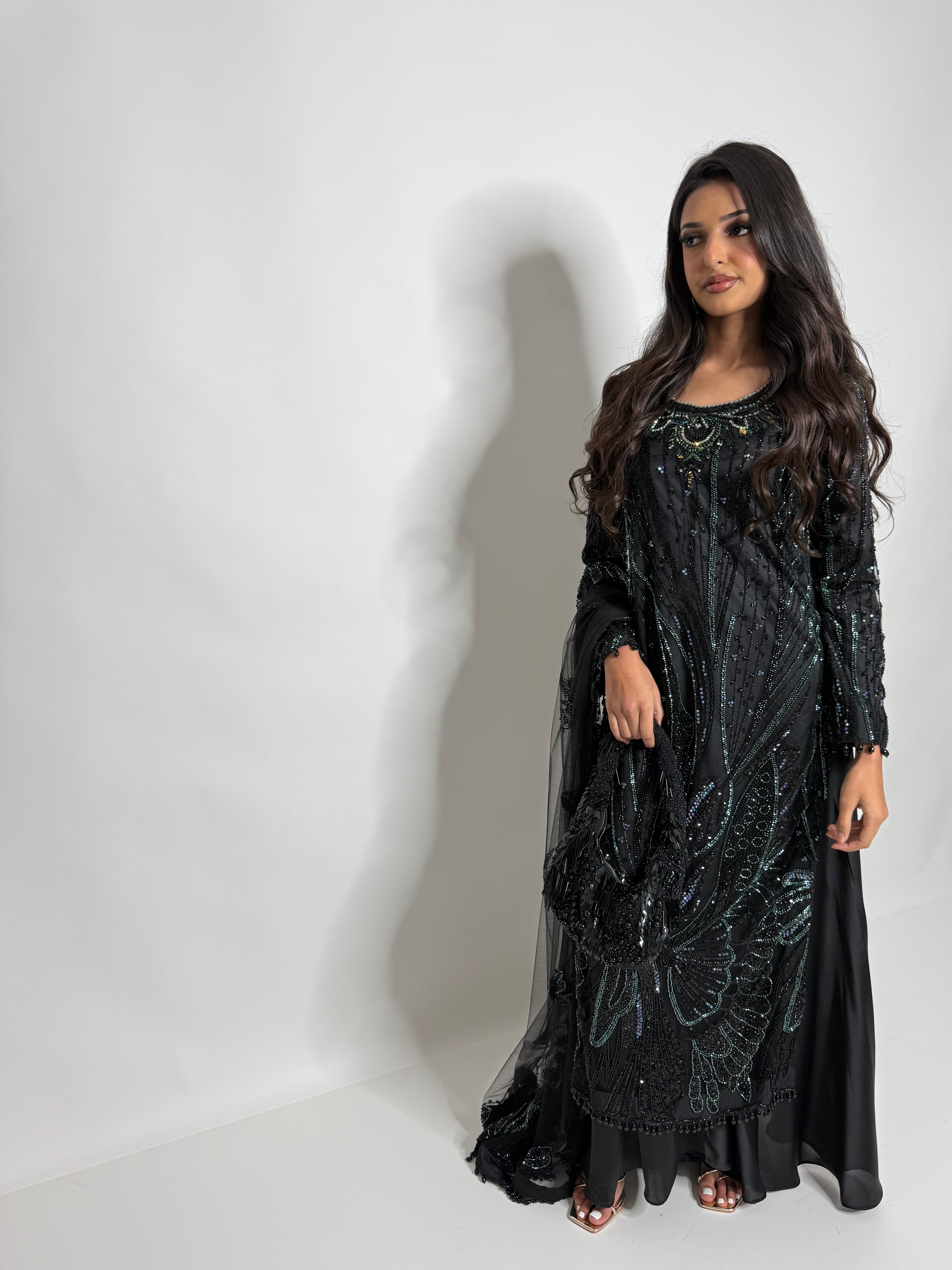 Zarelle Noir Emerald luxury black cutdana sharara suit with emerald embroidery front view