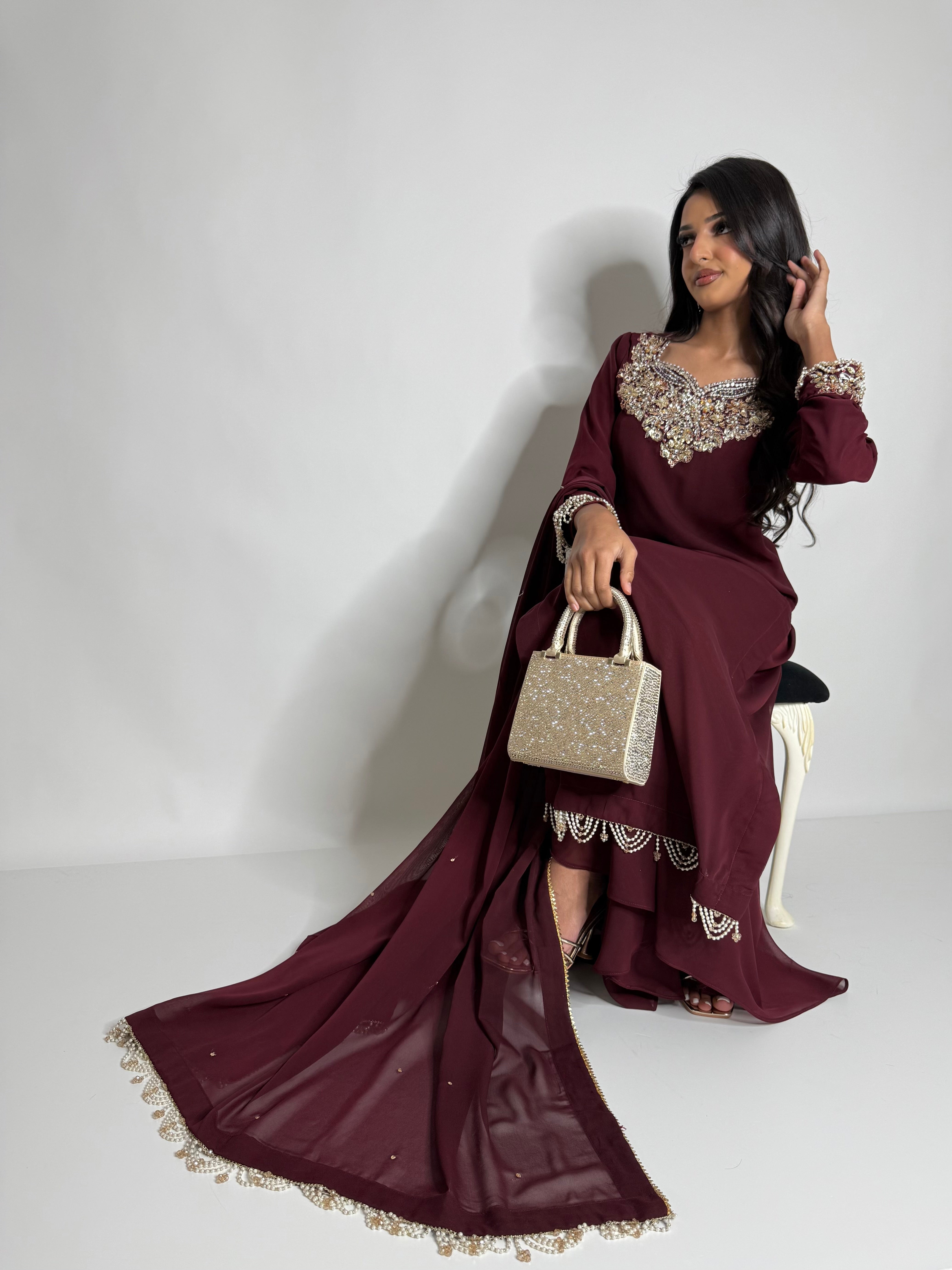 Zarelle Rouge maroon georgette embroidered sharara suit full front view