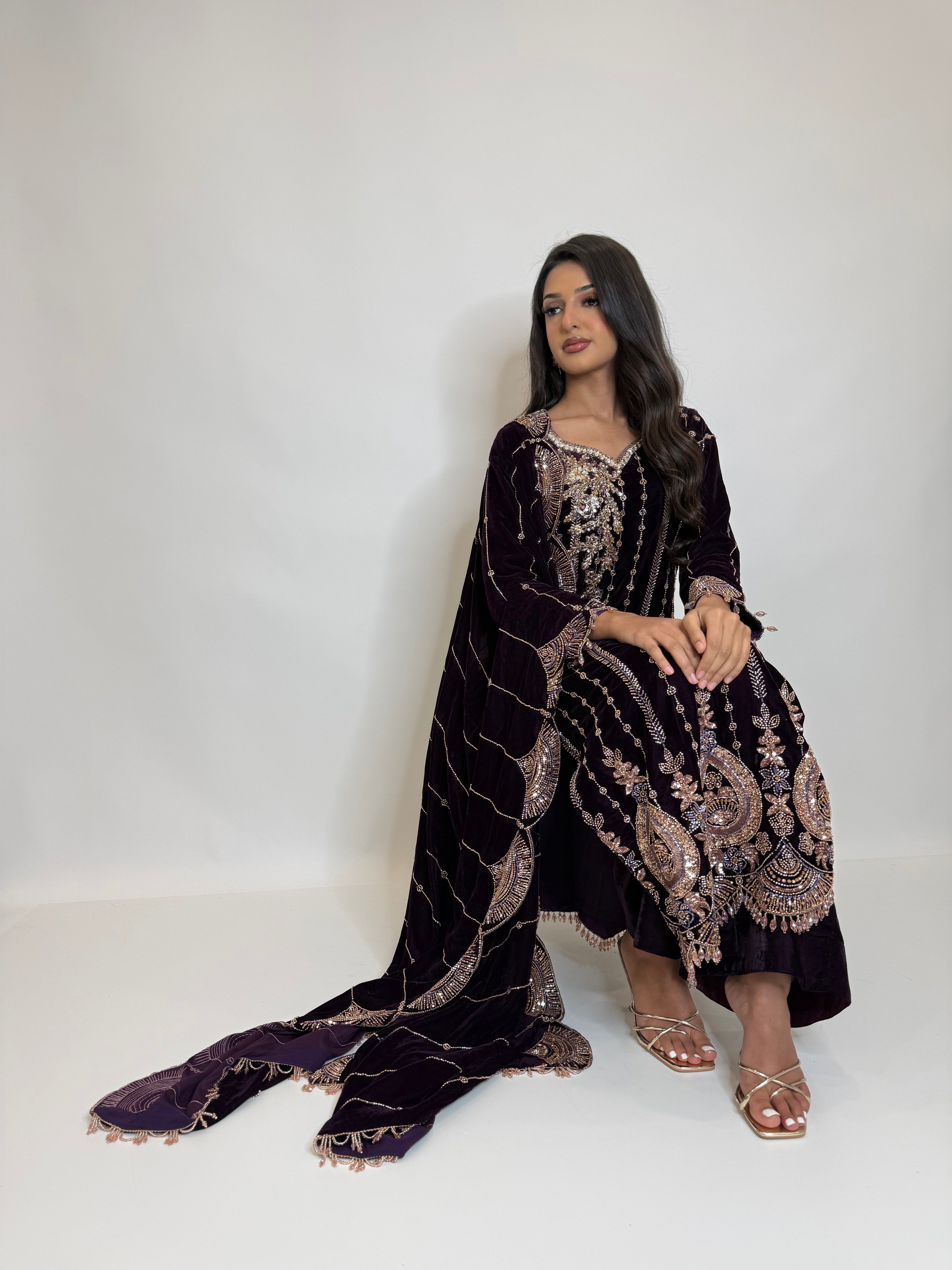 Luxury deep violet velvet Pakistani suit with statement neckline