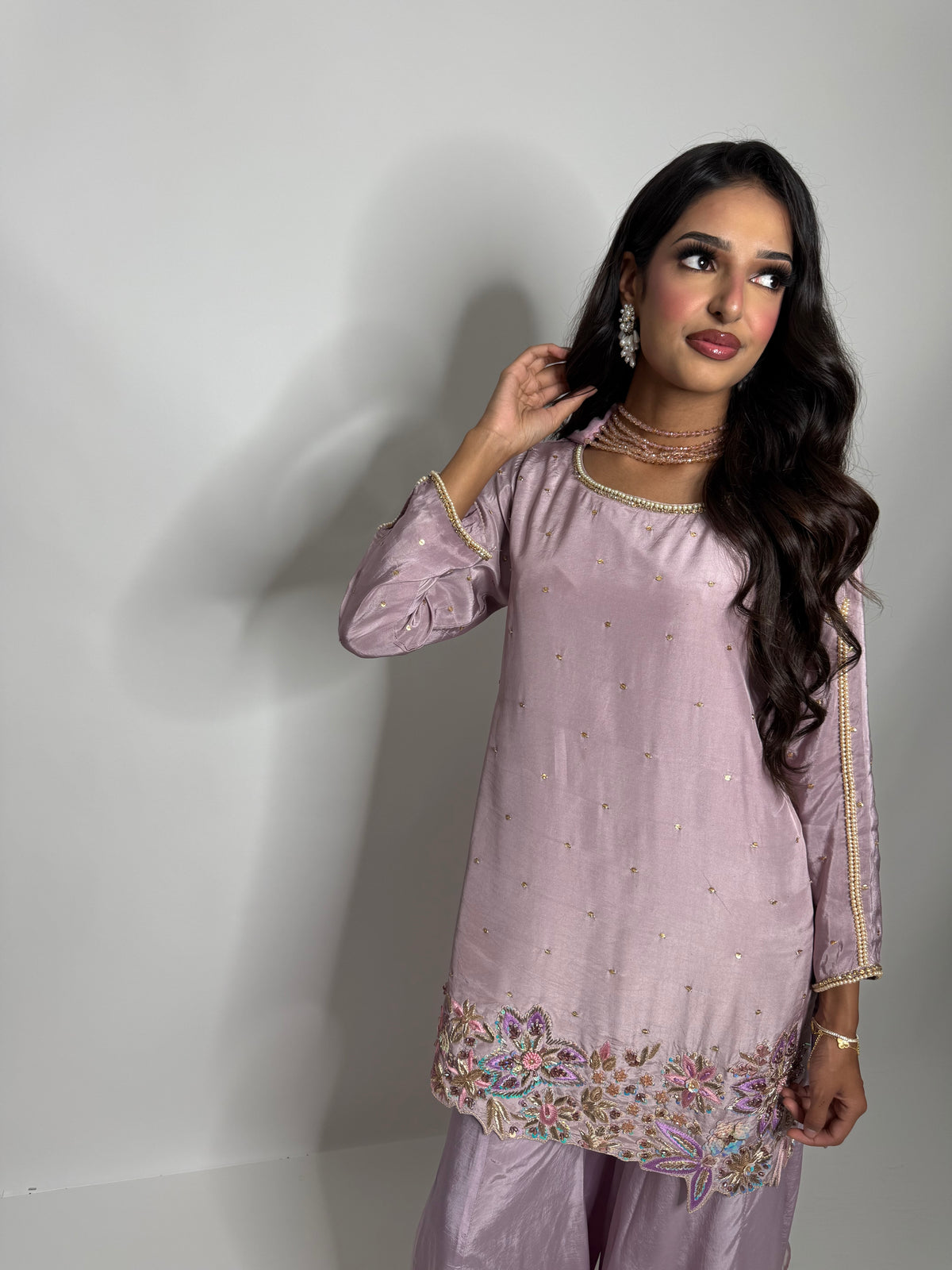 LILAC SILK EMBROIDERED SHARARA THREE PIECE SUIT | THE LILIANA