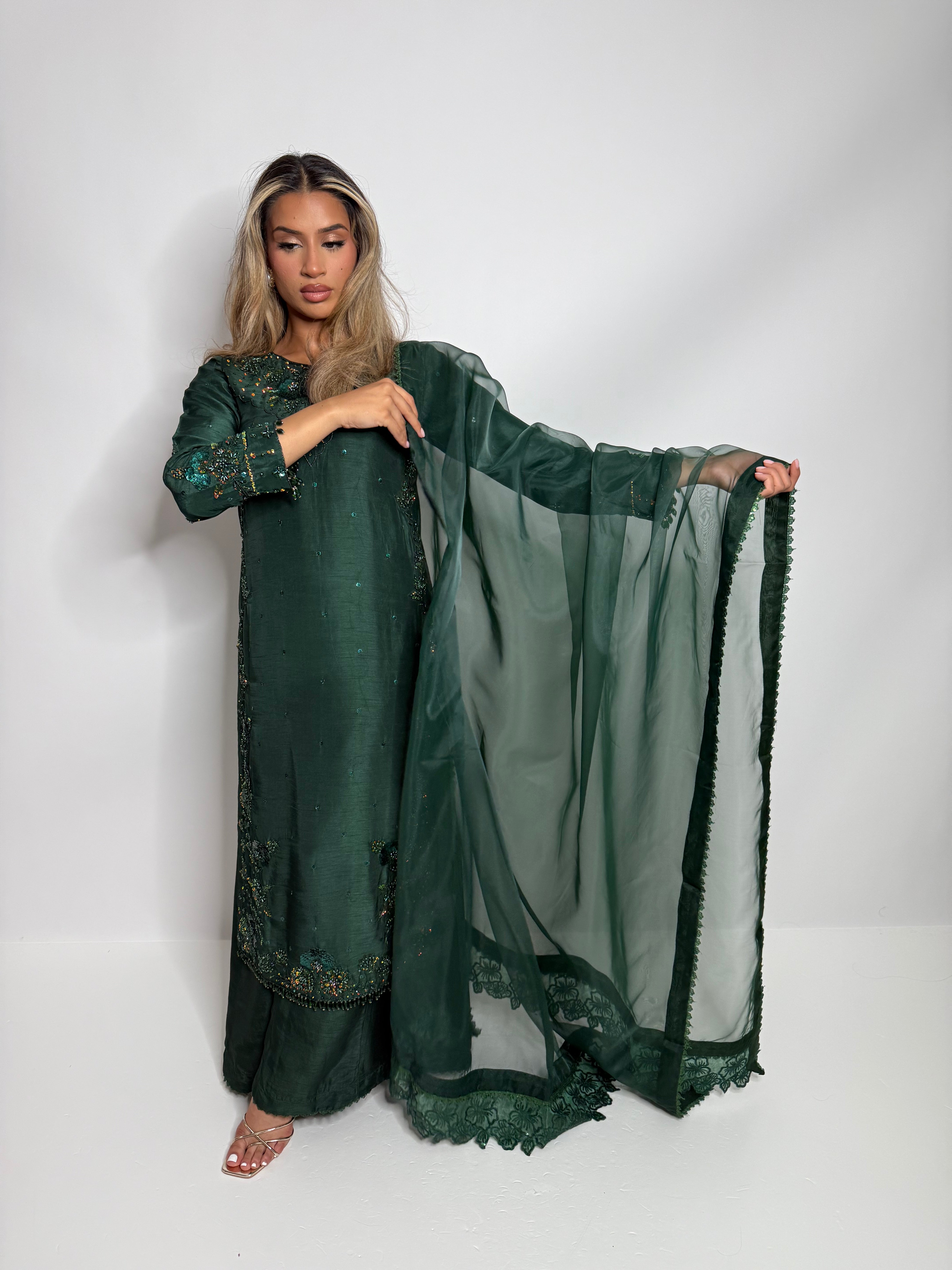 Elegant green raw silk outfit with organza dupatta