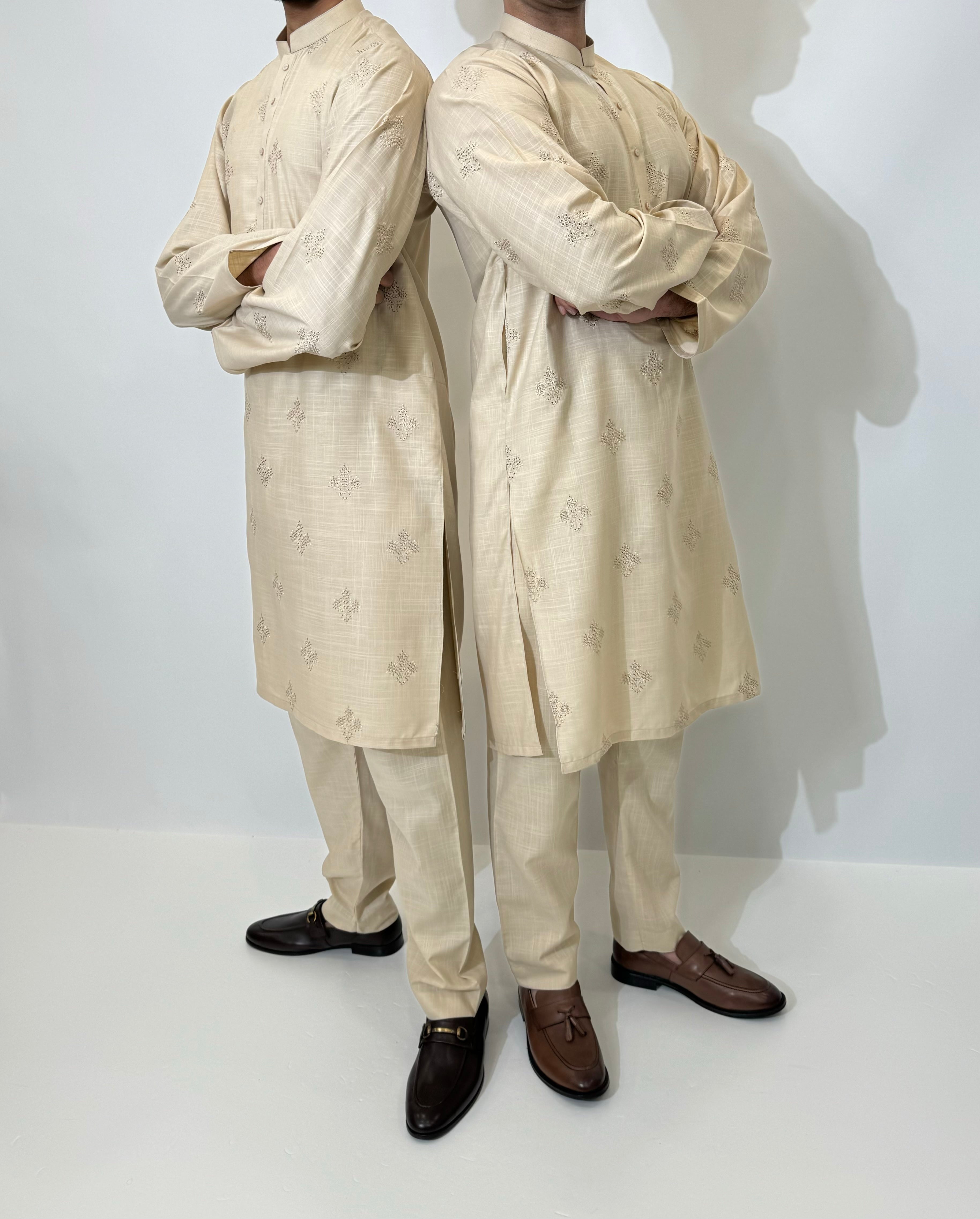 Ayaan – Beige Embroidered Kurta Trouser Set for Men