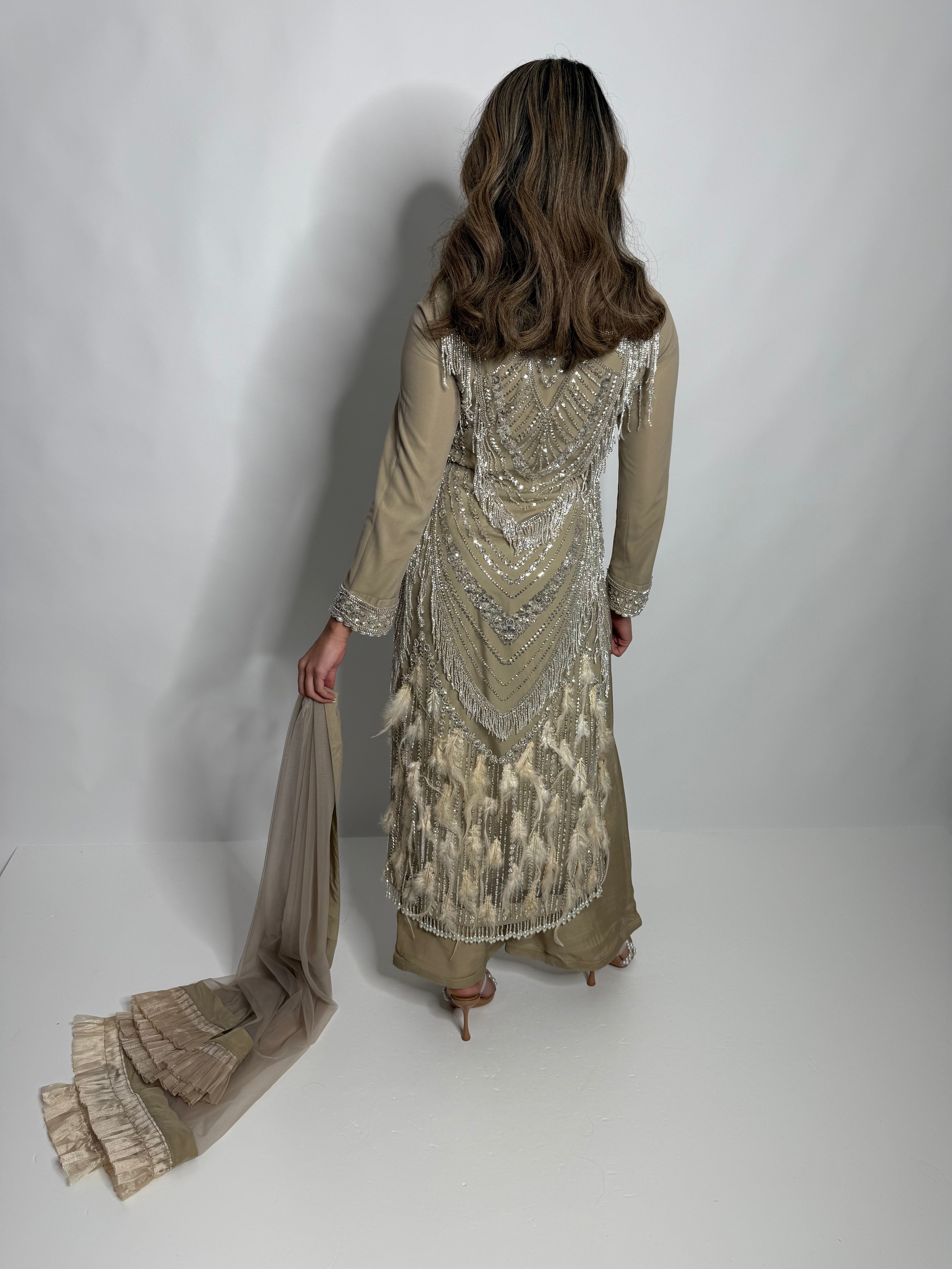 Knightsbridge Taupe Feathered Cutdana Embroidered Pakistani Suit