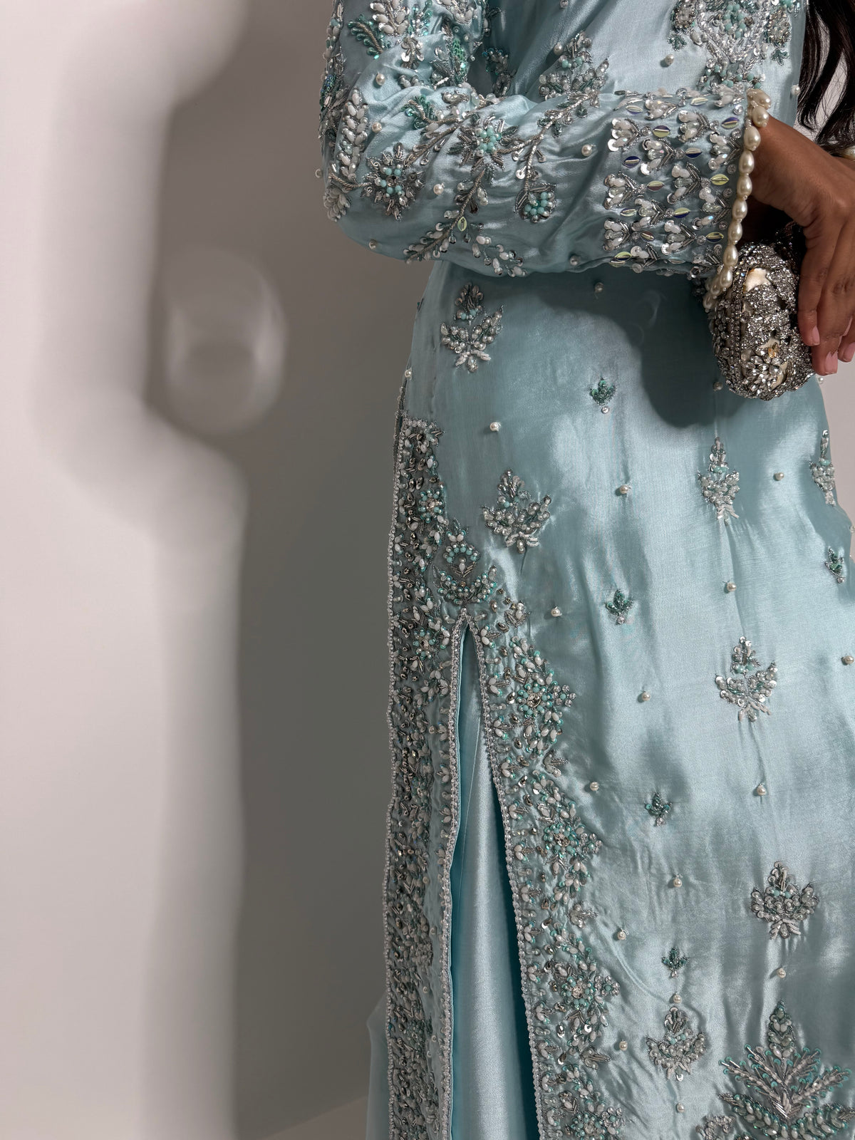 ÉLODIE ICE BLUE HAND EMBELLISHED SILK THREE PIECE SUIT