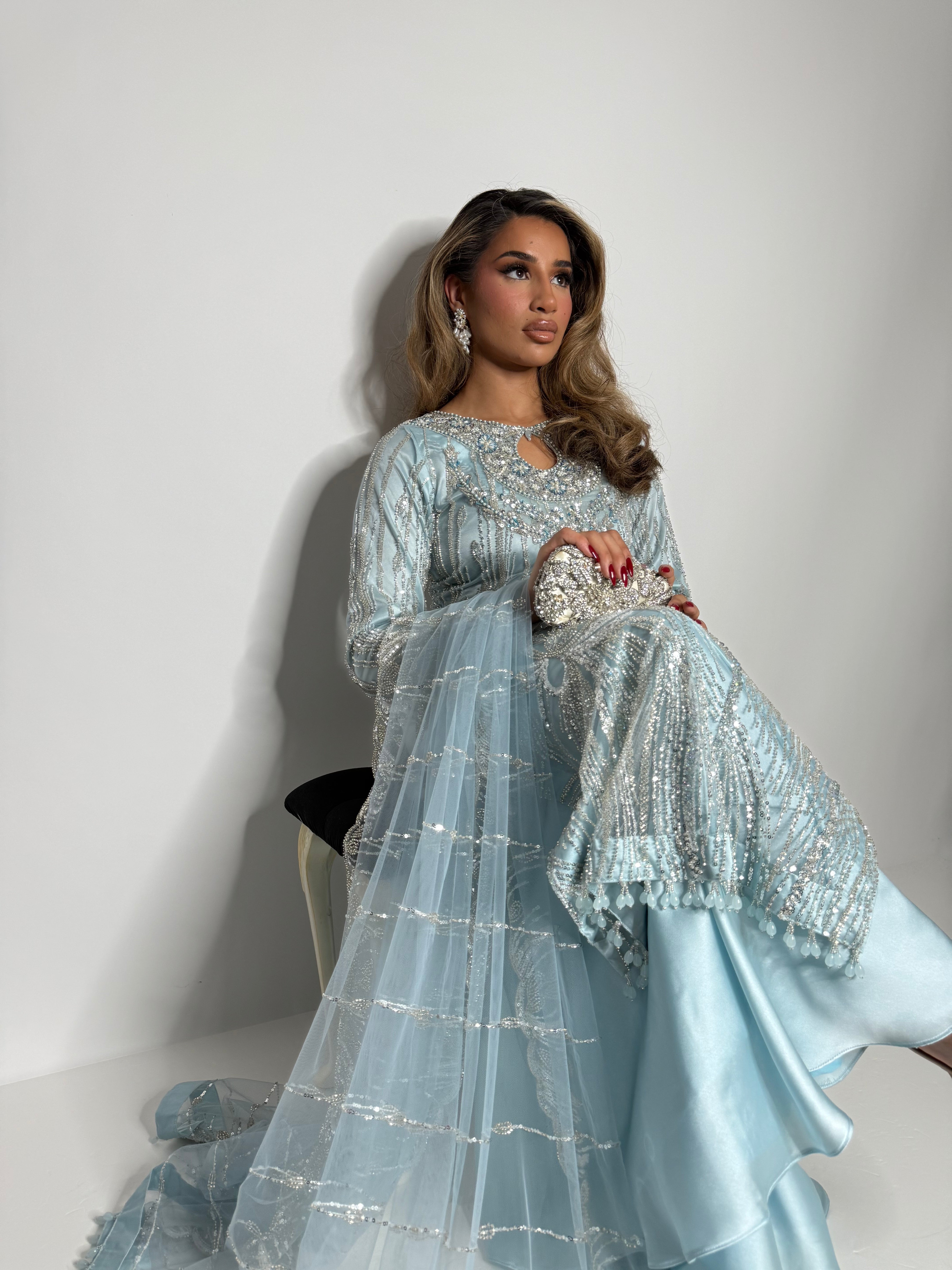 Cyrine ice blue Pakistani wedding outfit with silk flare trousers and dupatta