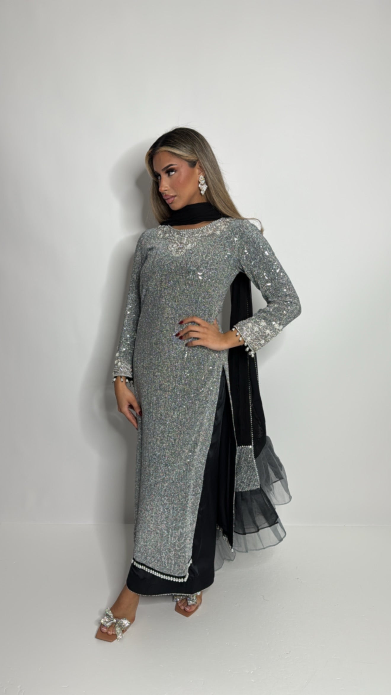 Silver embellished kameez with sleek trousers and contrast dupatta