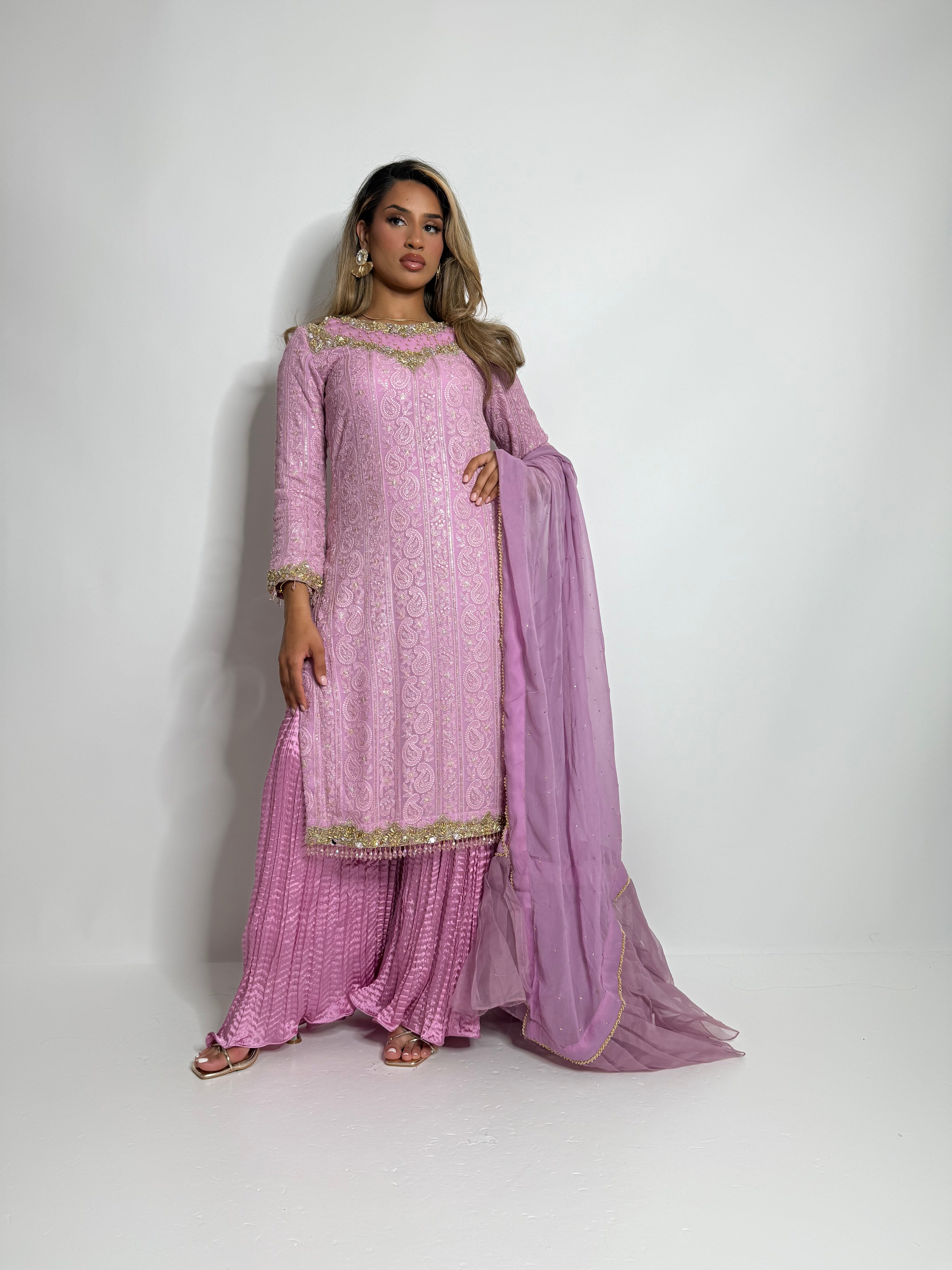 Blush chicken-kari Pakistani outfit with chiffon dupatta and palazzo trousers