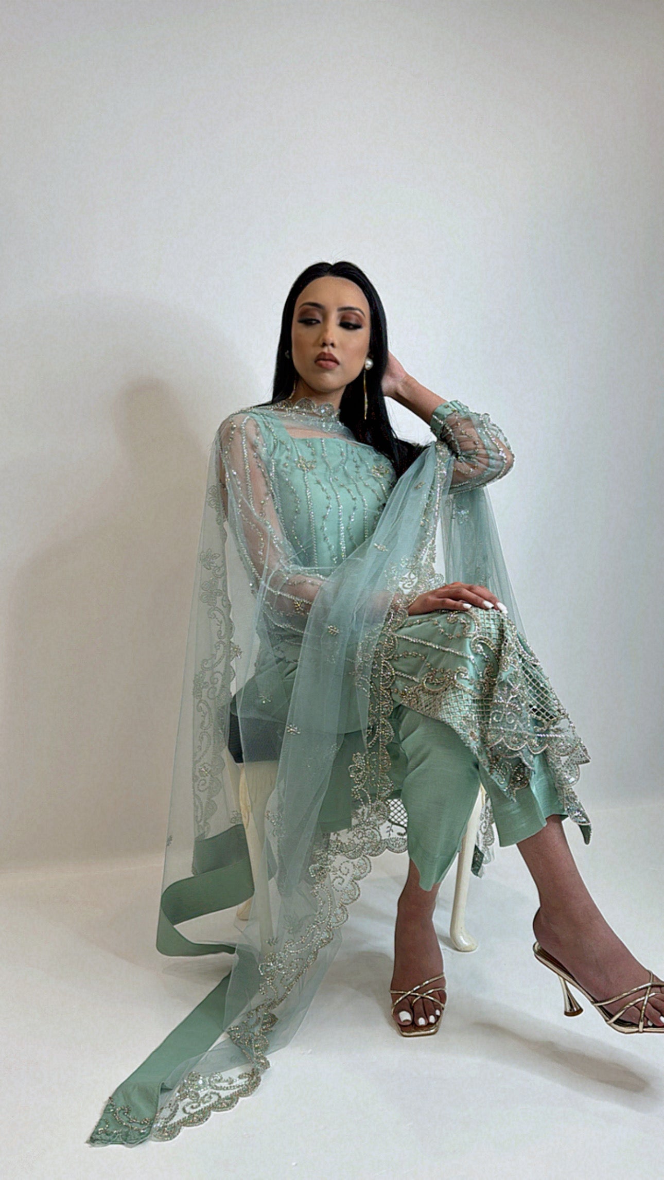Layla – Sea Green Embroidered Net Three Piece Suit