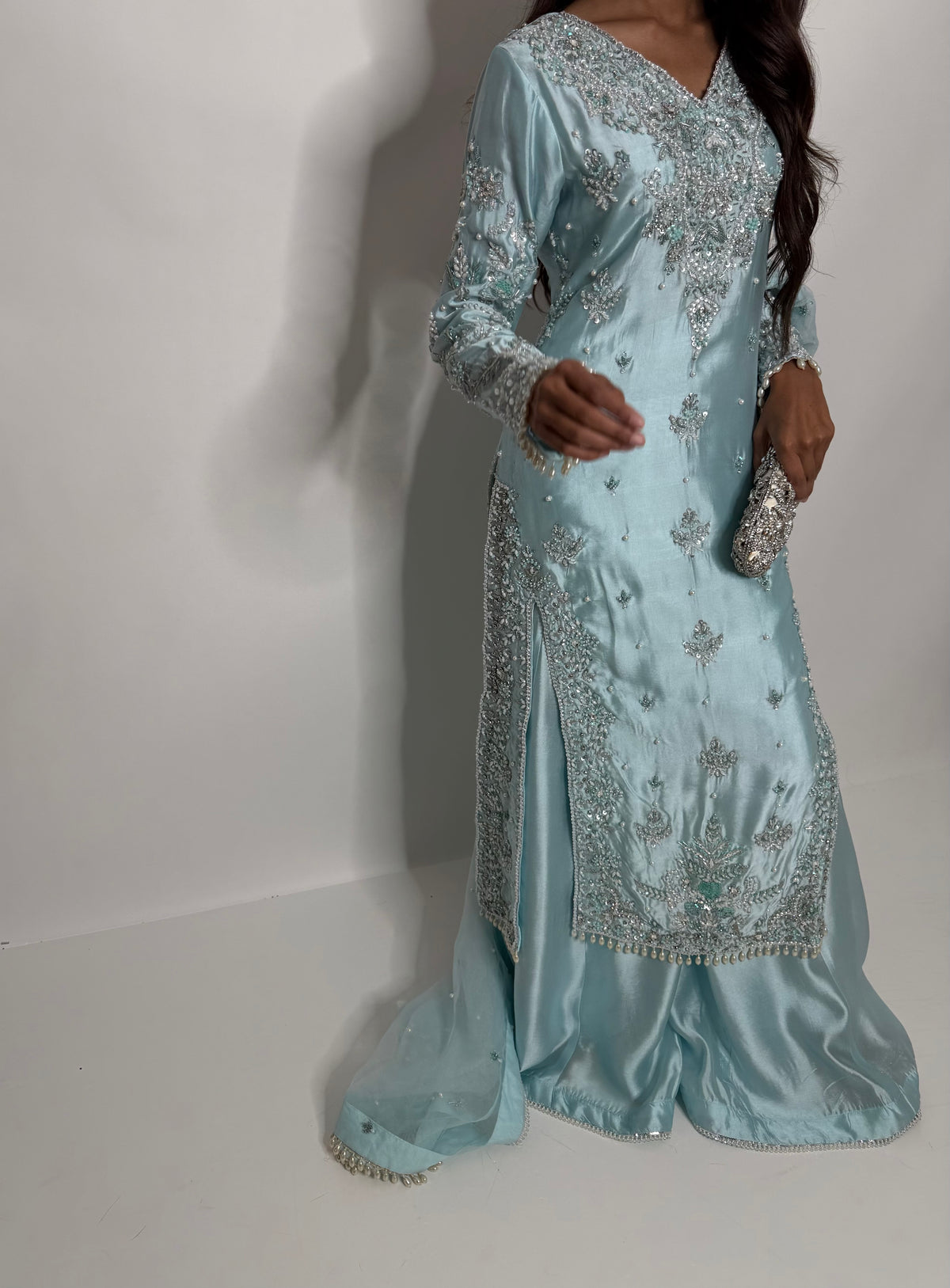 ÉLODIE ICE BLUE HAND EMBELLISHED SILK THREE PIECE SUIT
