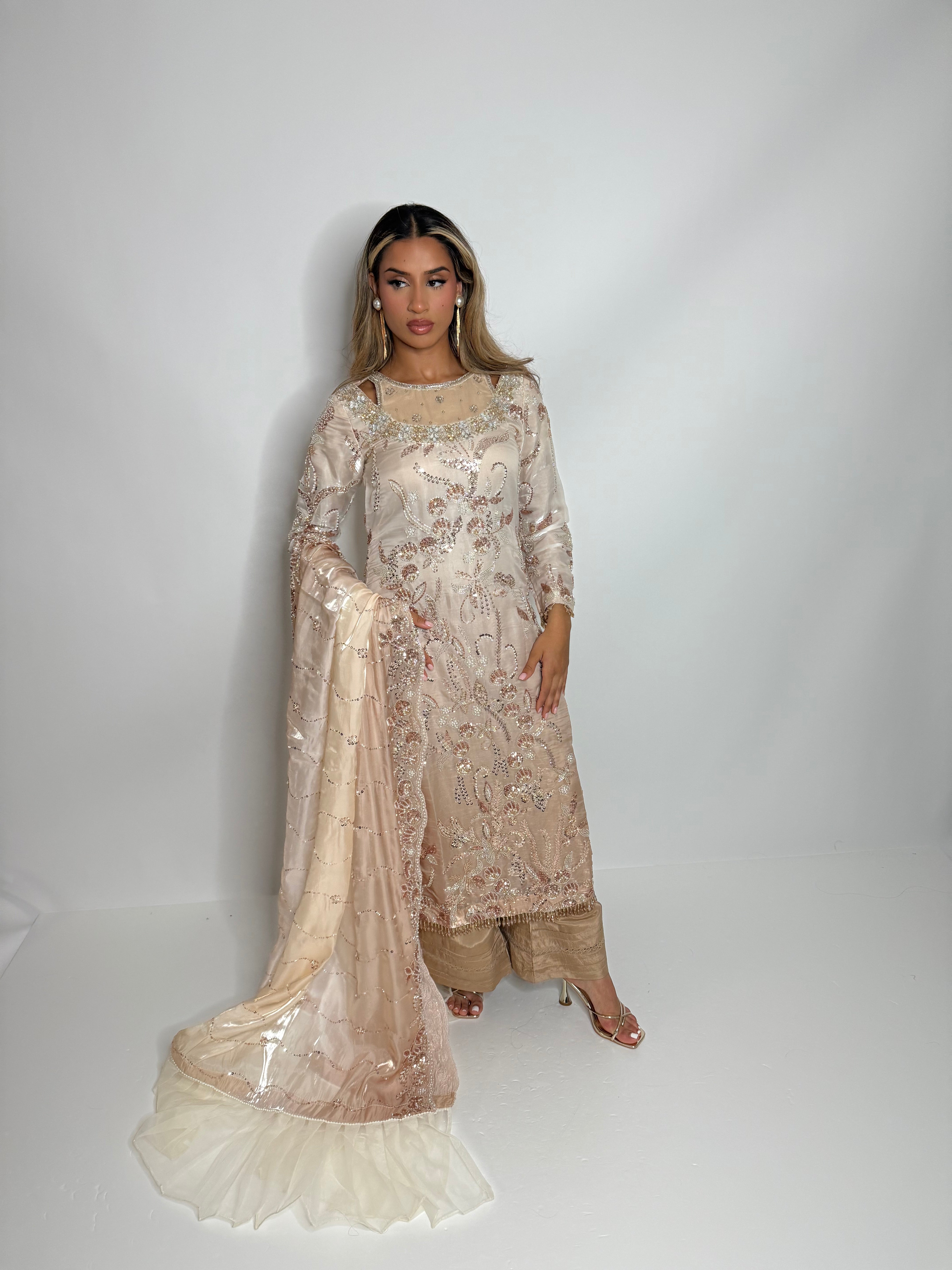 Aureva Nude Embellished Silk Three-Piece